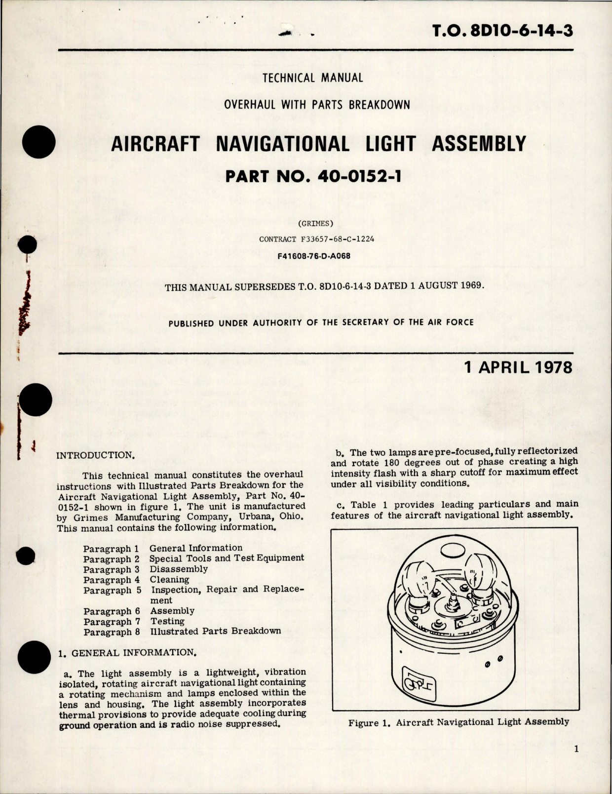 Sample page 1 from AirCorps Library document: Overhaul with Parts Breakdown for Aircraft Navigational Light Assembly - Part 40-0152-1 