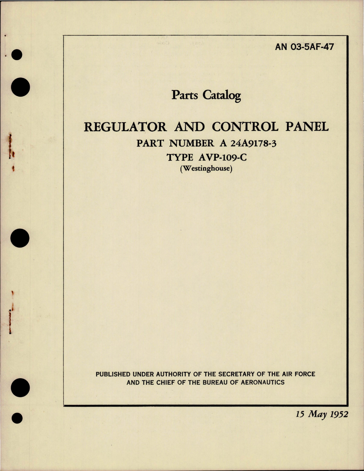 Sample page 1 from AirCorps Library document: Parts Catalog for Regulator and Control Panel - Part A 24A9178-3 - Type AVP-109-C 