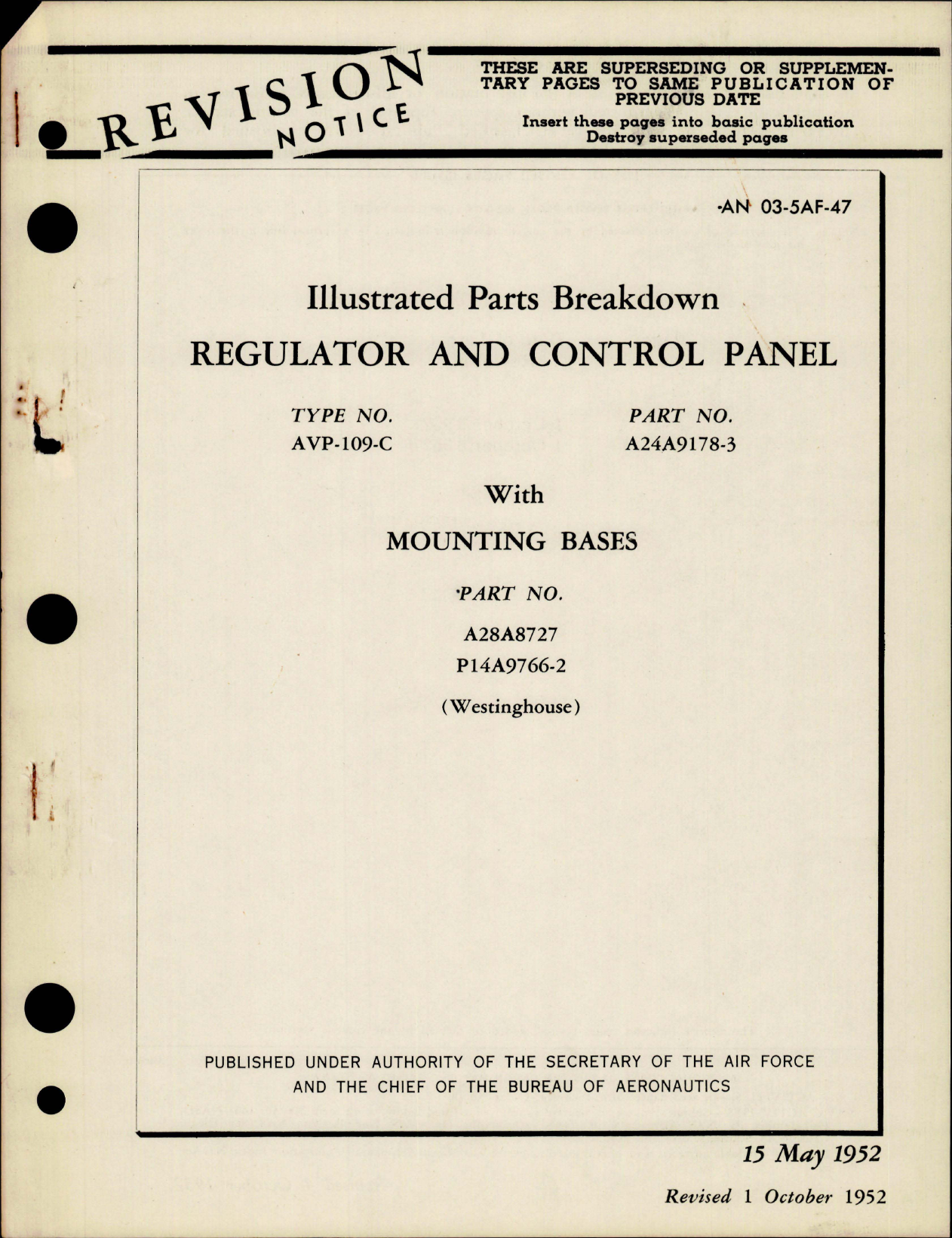 Sample page 1 from AirCorps Library document: Illustrated Parts Breakdown for Regulator and Control Panel w Mounting Bases - Parts A24A9178-3, A28A8727 - Type AVP-109-C 