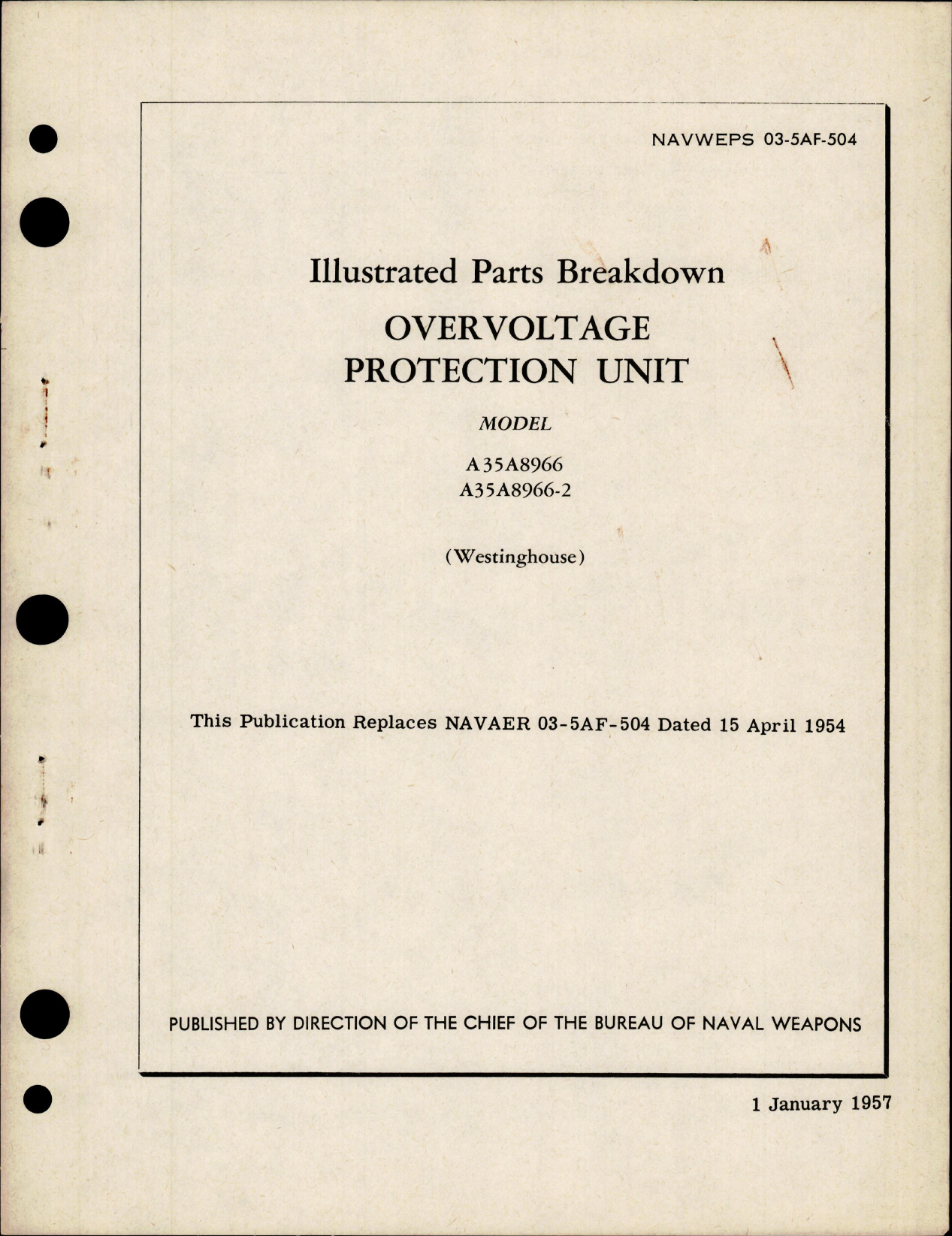 Sample page 1 from AirCorps Library document: Illustrated Parts Breakdown for Overvoltage Protection Unit - Model A35A8966, A35A8966-2 