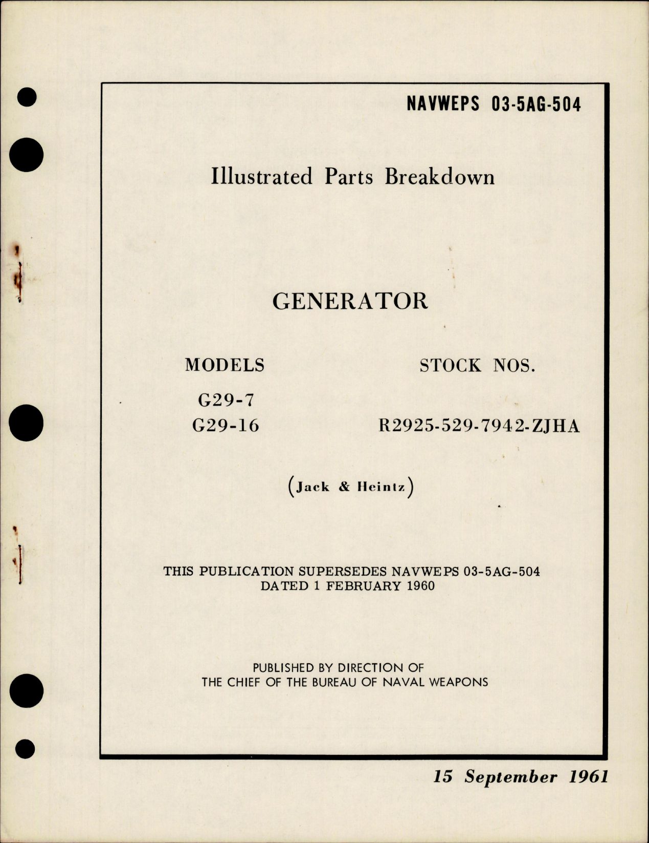 Sample page 1 from AirCorps Library document: Illustrated Parts Breakdown for Generator - Models G29-7, G29-16 