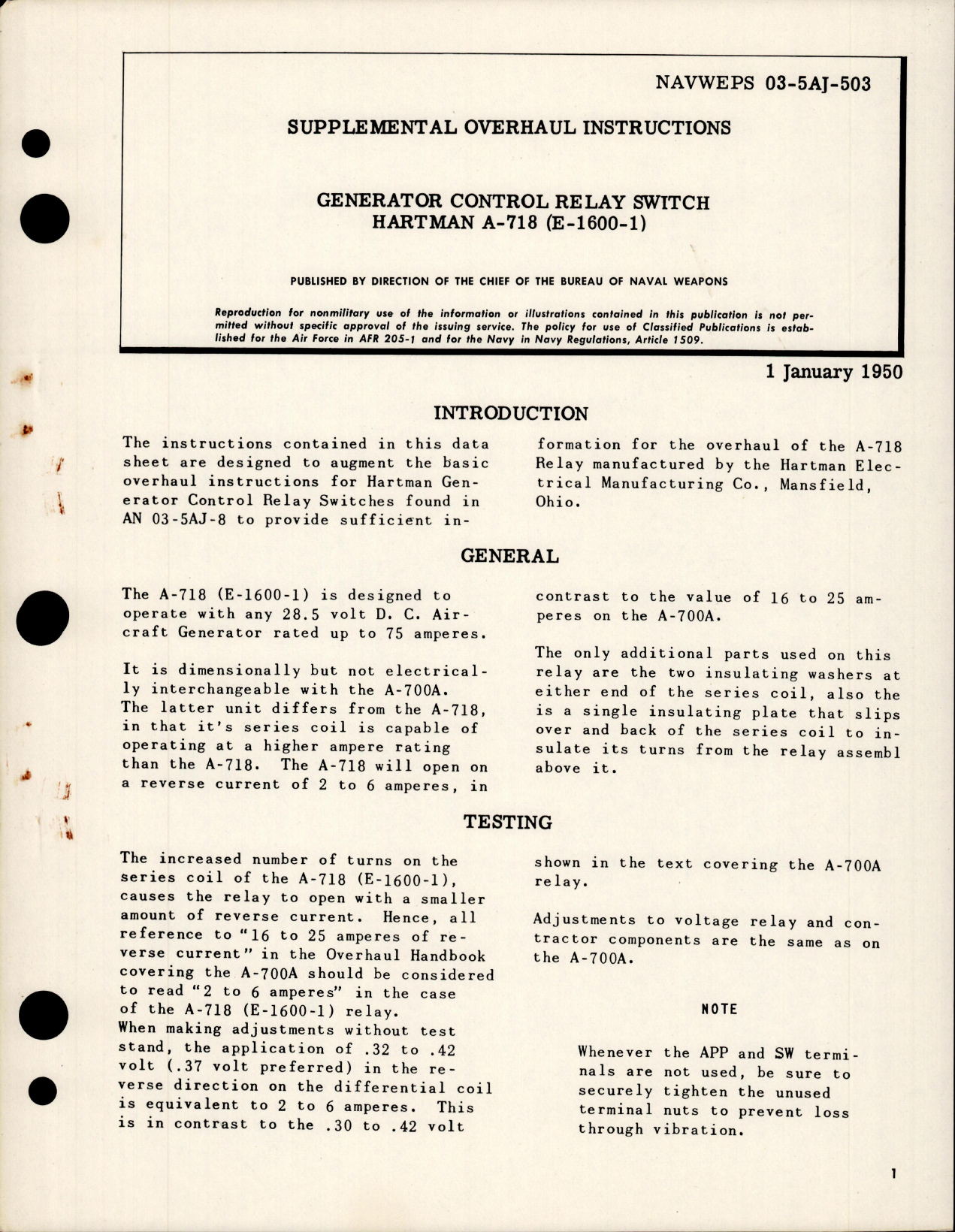 Sample page 1 from AirCorps Library document: Supplement Overhaul Instructions to Generator Control Relay Switch - A718 - E-1600-1