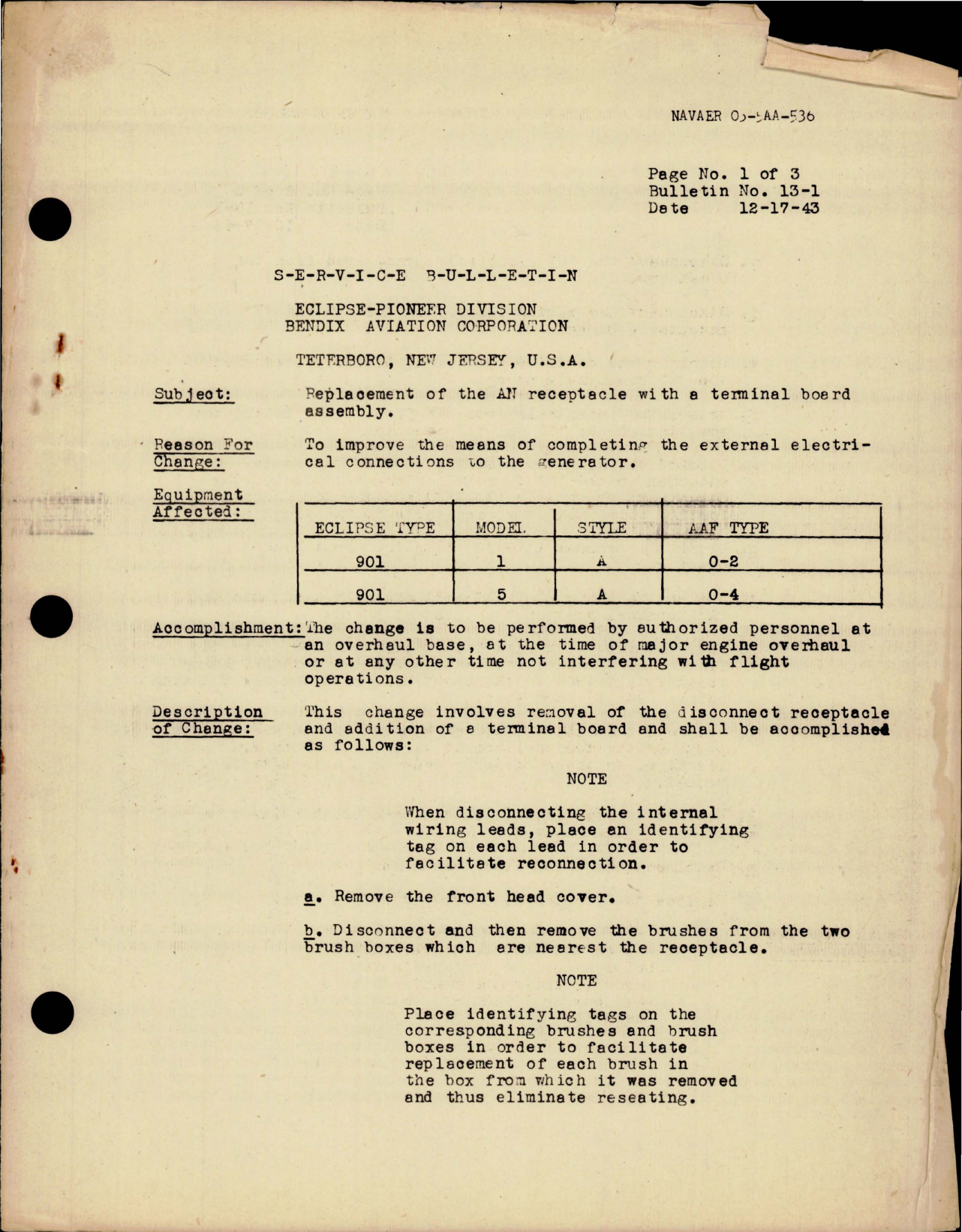 Sample page 1 from AirCorps Library document: Service Bulletin No. 13-1 for Replacement of AN Receptacle with Terminal Board Assembly