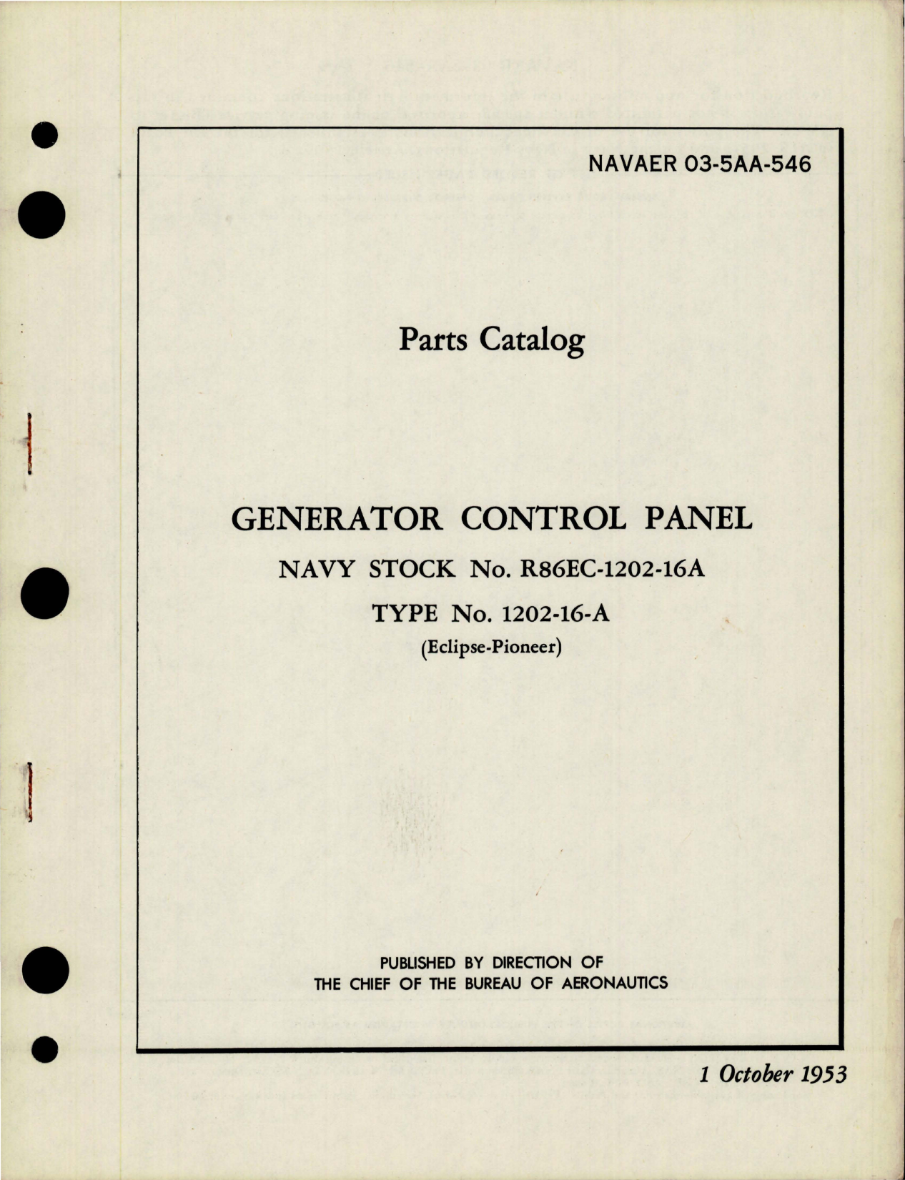 Sample page 1 from AirCorps Library document: Parts Catalog for Generator Control Panel - Type 1202-16-A 