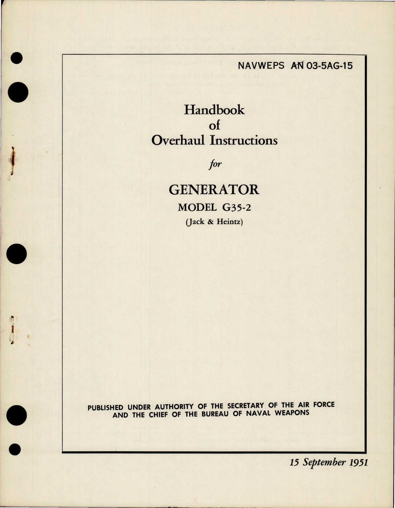 Sample page 1 from AirCorps Library document: Overhaul Instructions for Generator - Model G35-2 