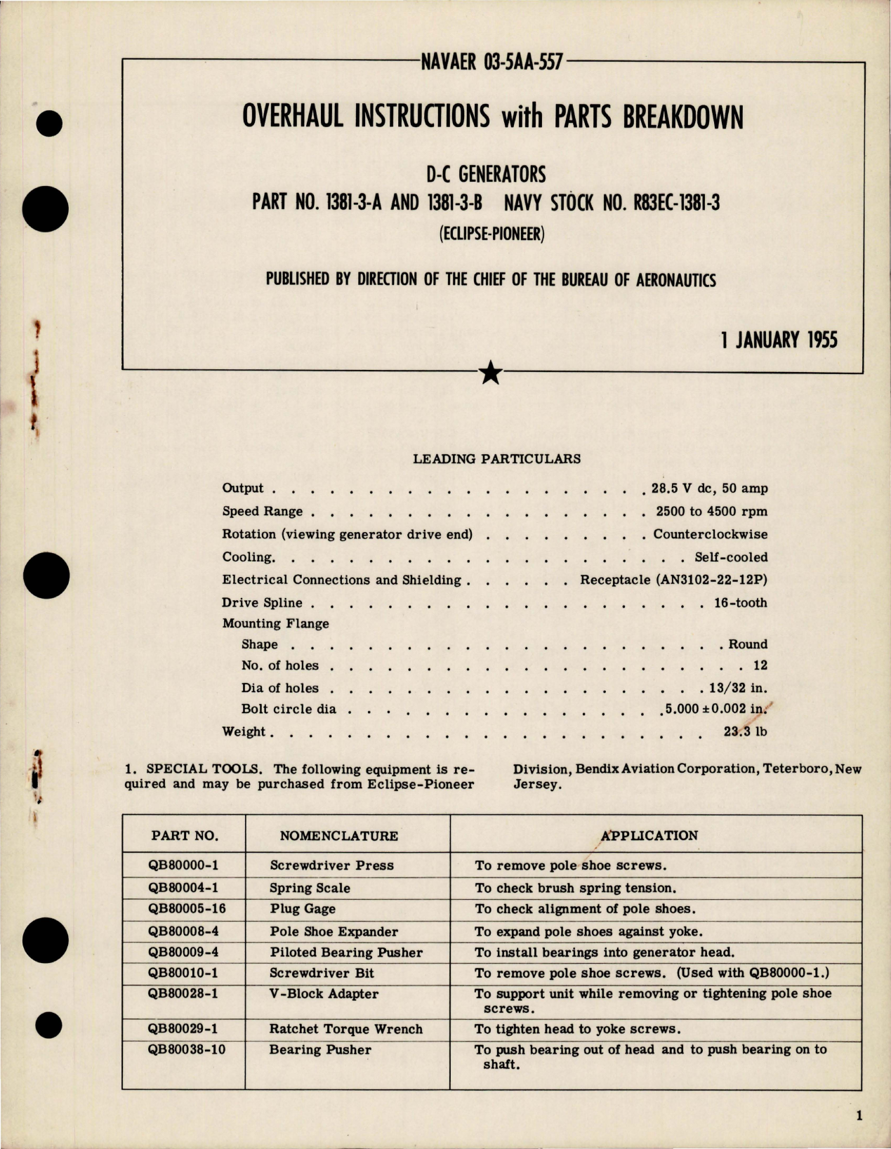 Sample page 1 from AirCorps Library document: Overhaul Instructions w Parts Breakdown for DC Generators - Parts 1381-3-A, 1381-3-B