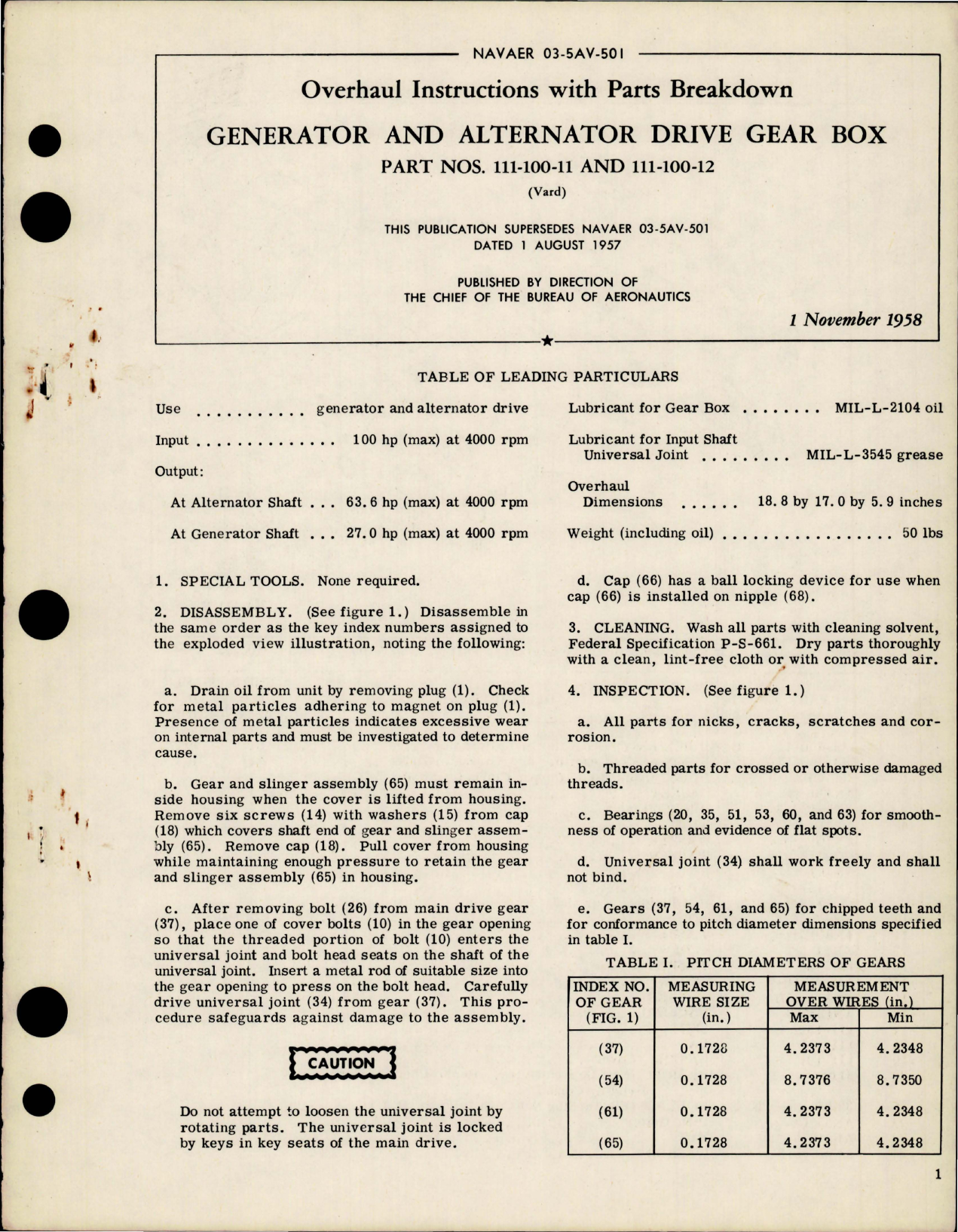 Sample page 1 from AirCorps Library document: Overhaul Instructions with Parts for Generator and  Alternator Drive Gear Box - Parts 111-100-11, 111-100-12