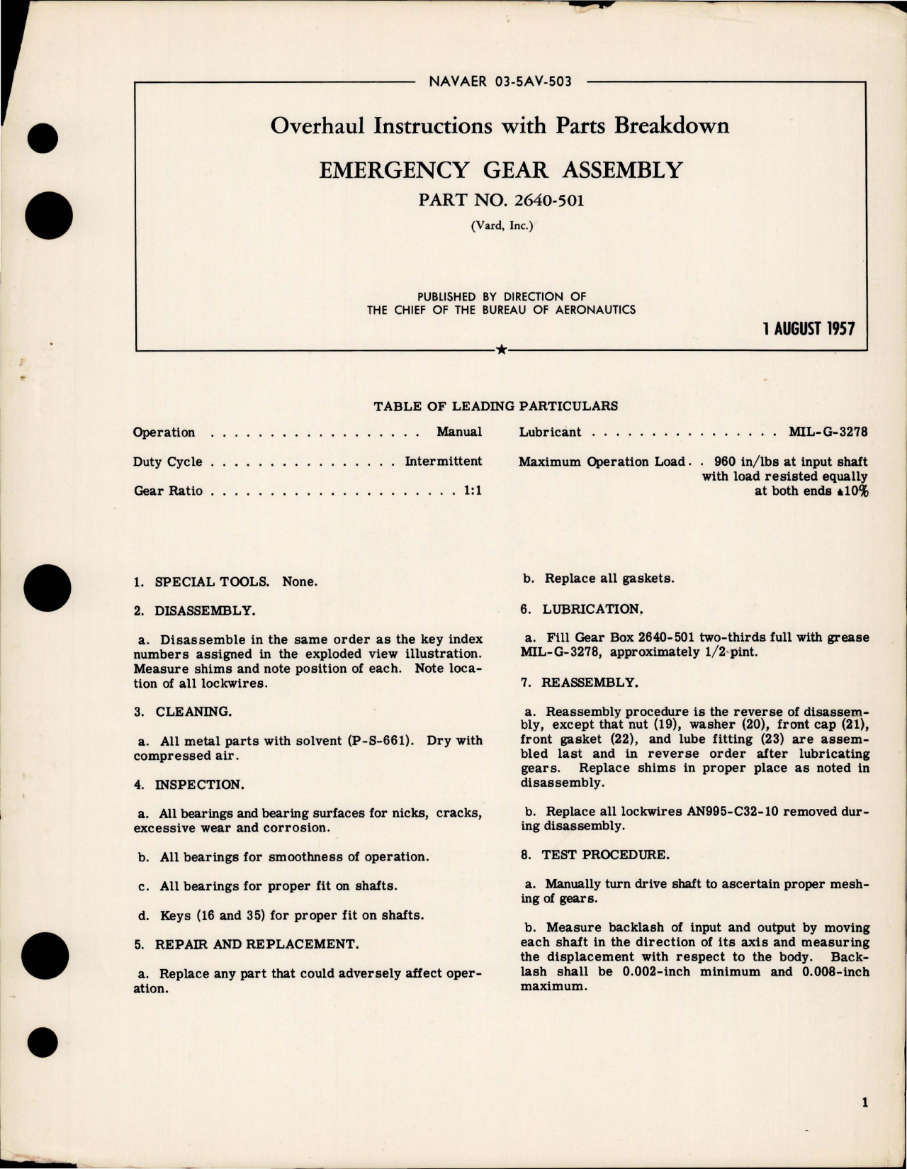 Sample page 1 from AirCorps Library document: Overhaul Instructions with Parts for Emergency Gear Assembly - Part 2640-501 