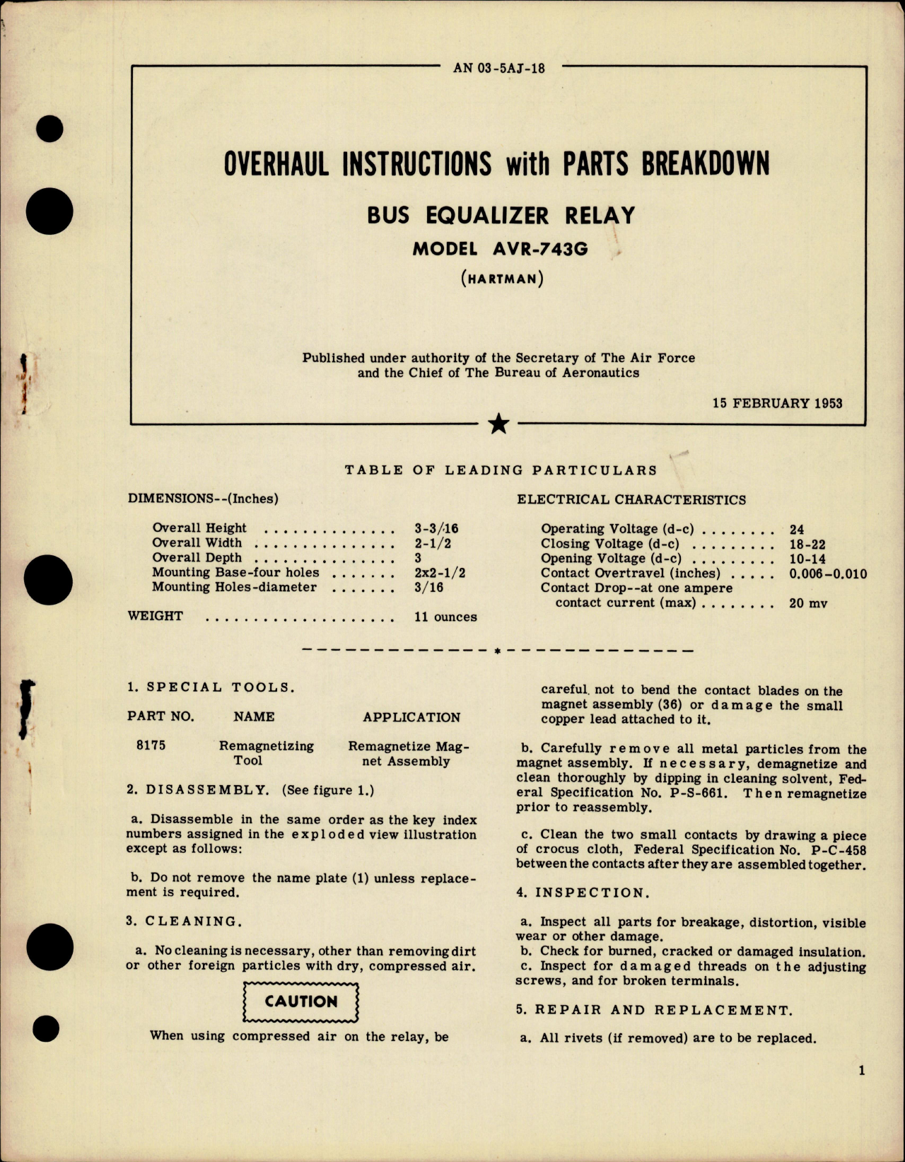Sample page 1 from AirCorps Library document: Overhaul Instructions with Parts Breakdown for Bus Equalizer Relay - Model AVR-743G 