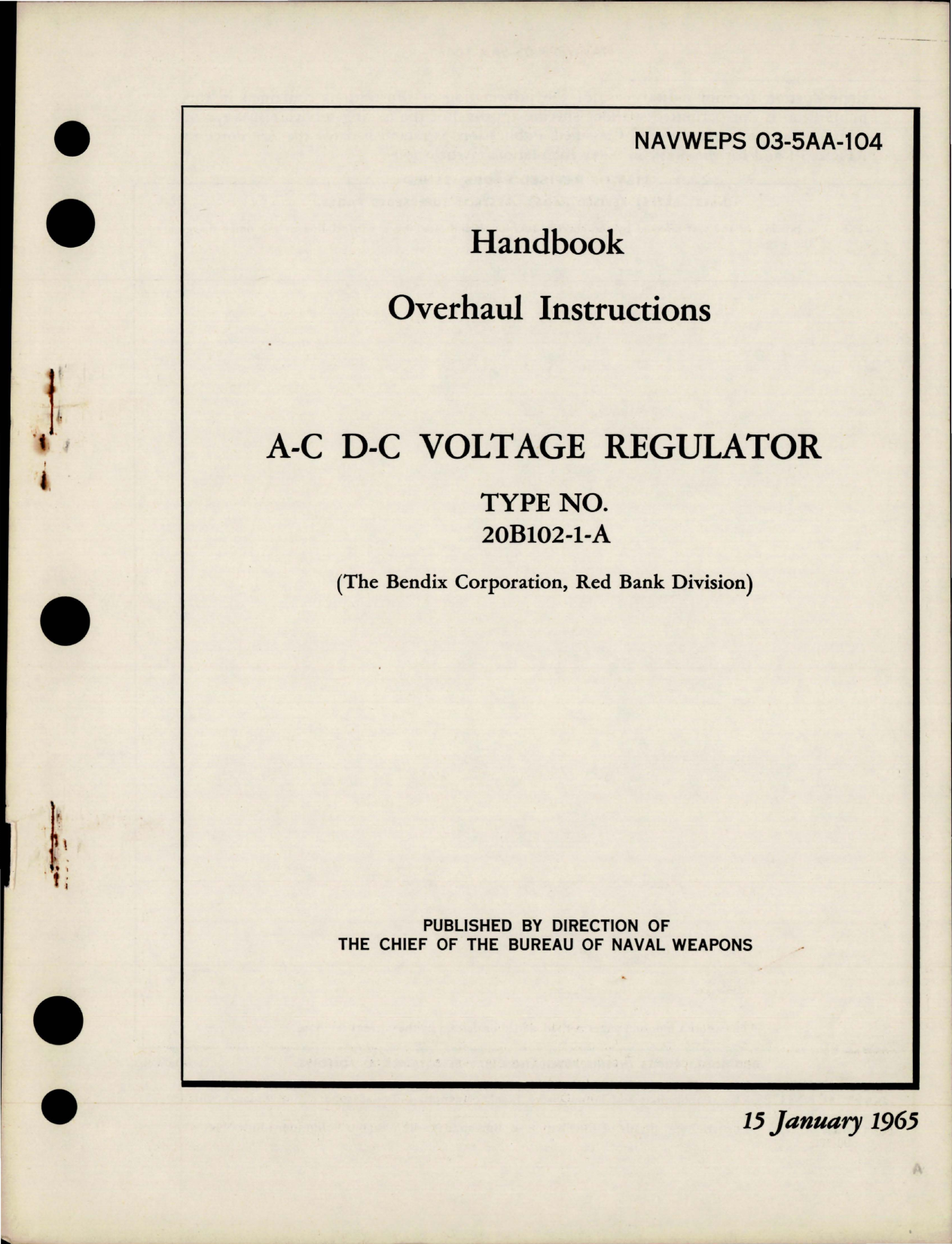 Sample page 1 from AirCorps Library document: Overhaul Instructions for AC DC Voltage Regulator - Type 20B102-1-A 