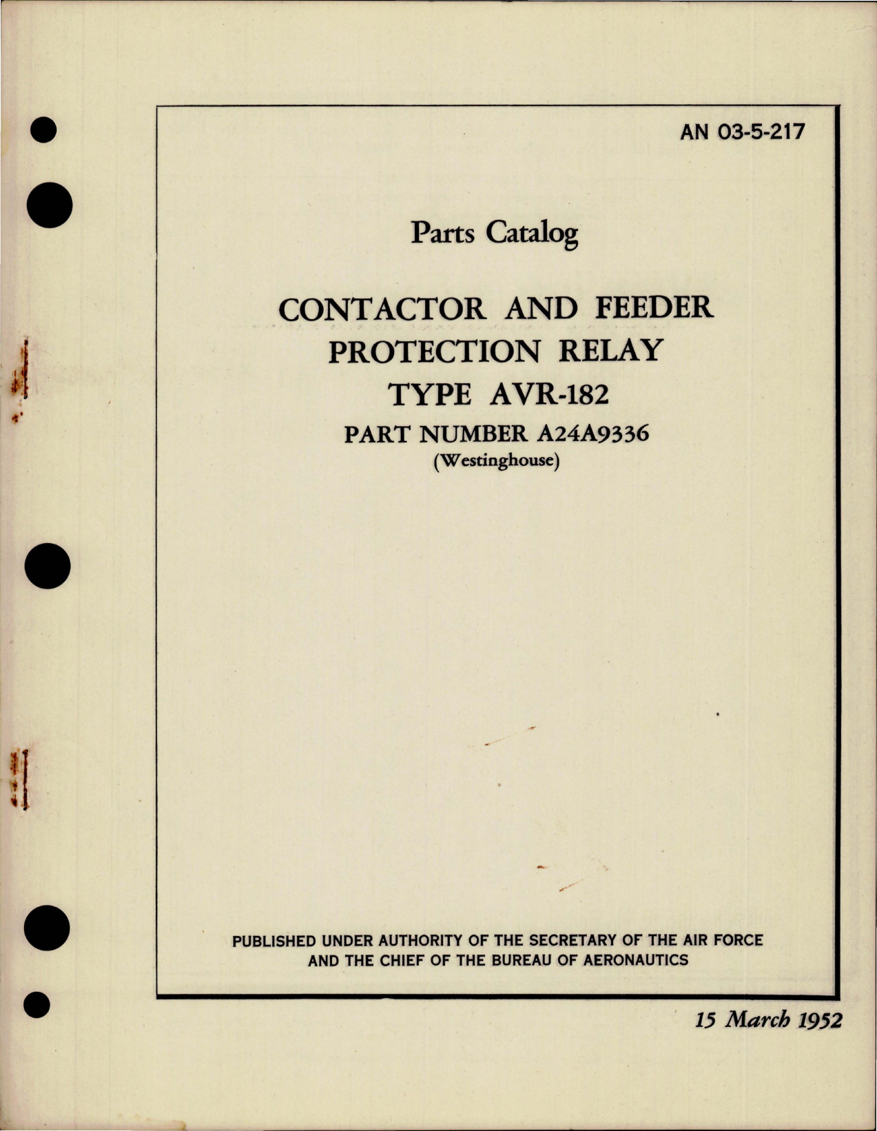 Sample page 1 from AirCorps Library document: Parts Catalog for Contactor and Feeder Protection Relay - Type AVR-182 - Part A24A9336