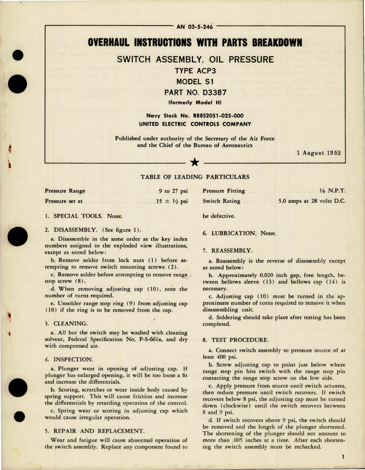 Sample page 1 from AirCorps Library document: Overhaul Instructions with Parts Breakdown for Switch Assembly, Oil Pressure - Type ACP3 - Model S1 - Part D3387 