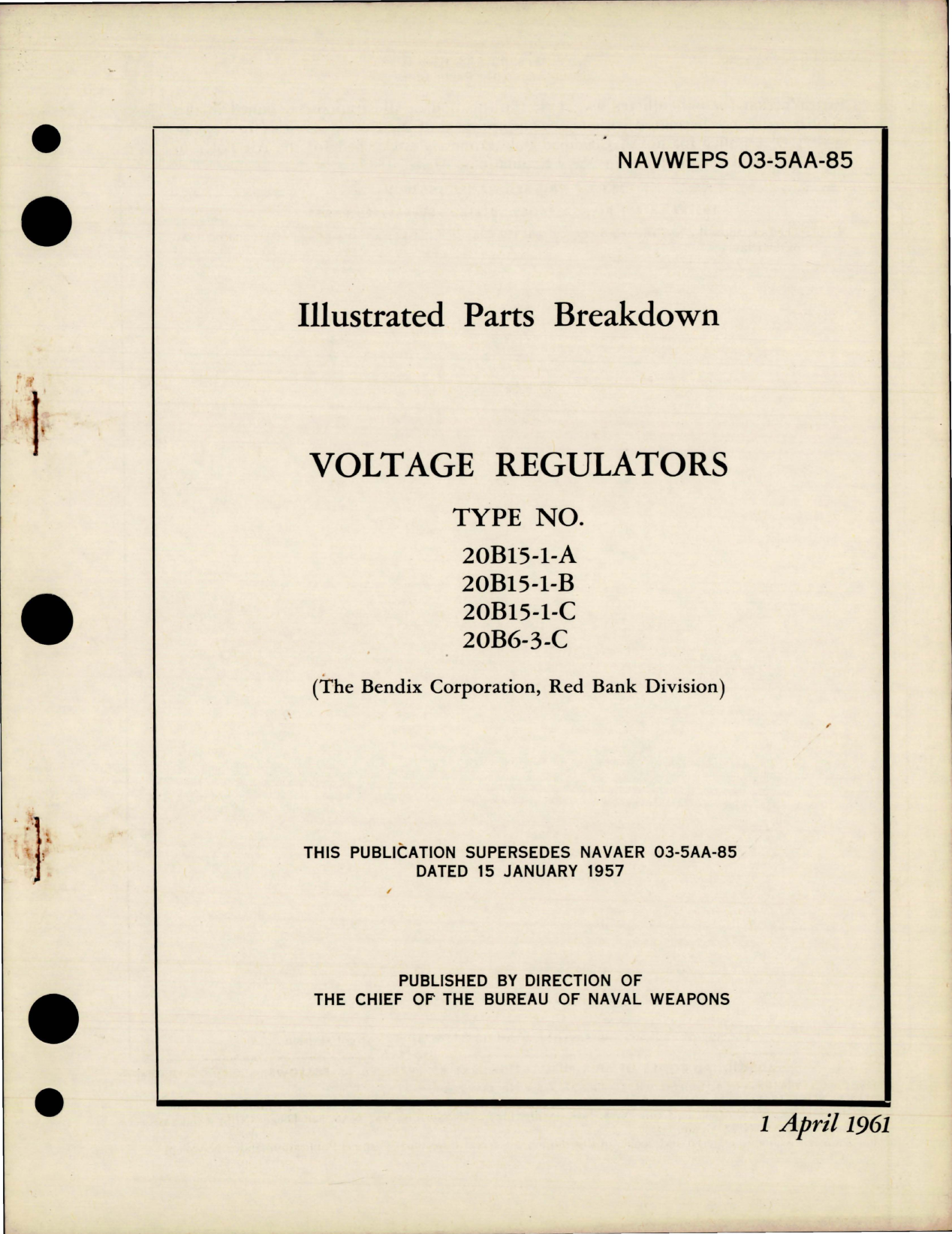 Sample page 1 from AirCorps Library document: Illustrated Parts Breakdown for Voltage Regulators - Types 20B15-1-A, 20B15-B, 20B15-C, and 20B6-3-C 
