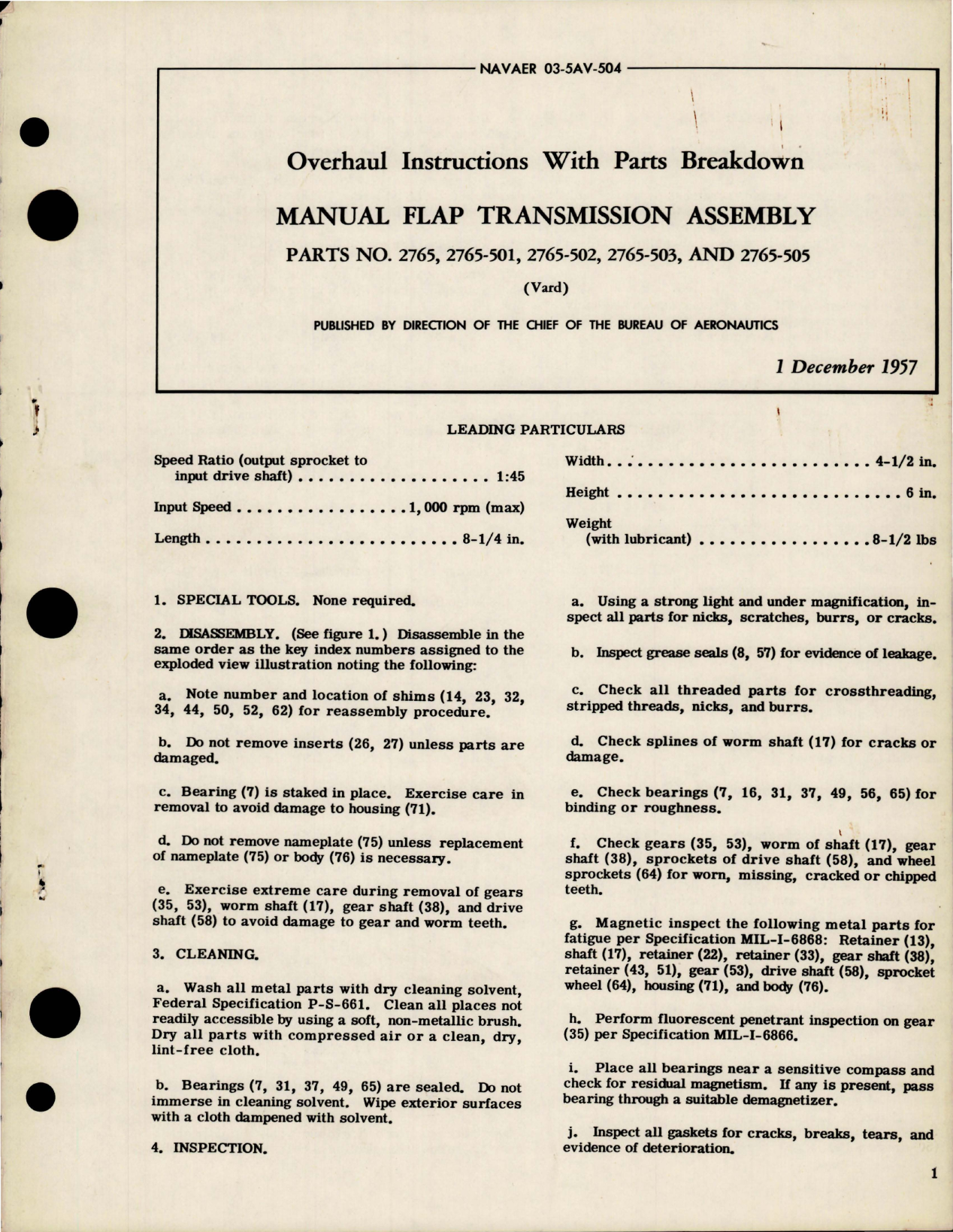 Sample page 1 from AirCorps Library document: Overhaul Instructions with Parts for Manual Flap Transmission Assembly 