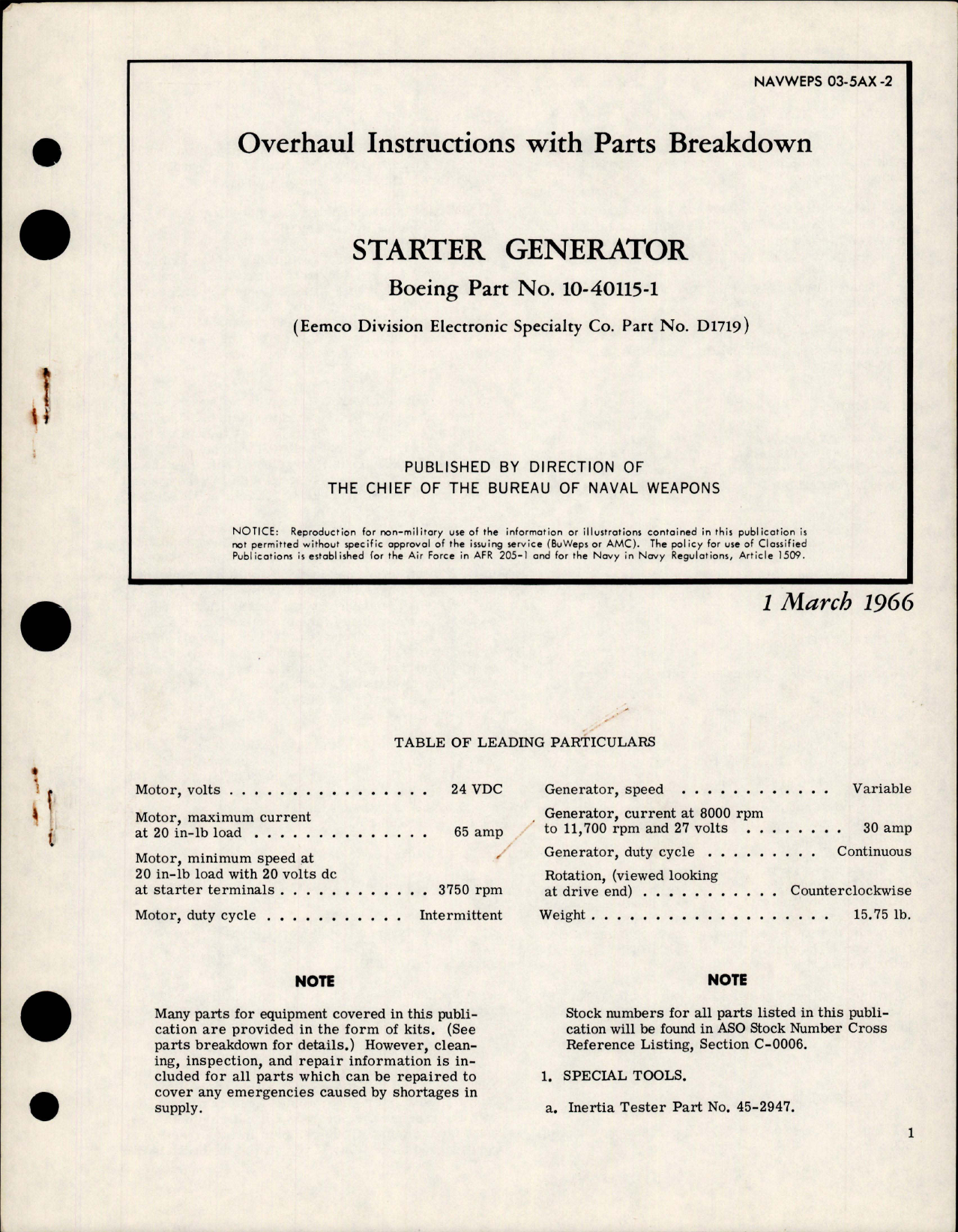 Sample page 1 from AirCorps Library document: Overhaul Instructions with Parts for Starter Generator - Boeing Part 10-40115-1 