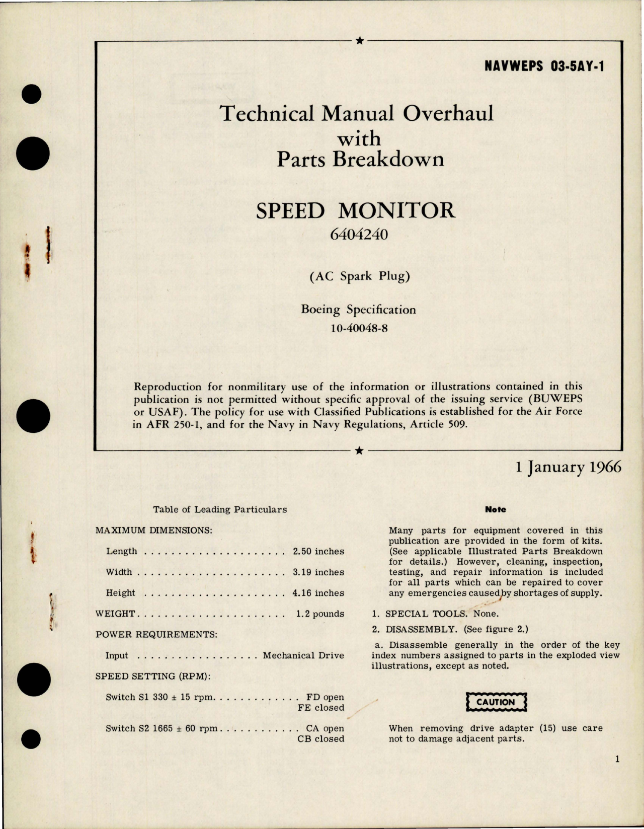 Sample page 1 from AirCorps Library document: Technical Manual Overhaul with Parts for Speed Monitor - 6404240