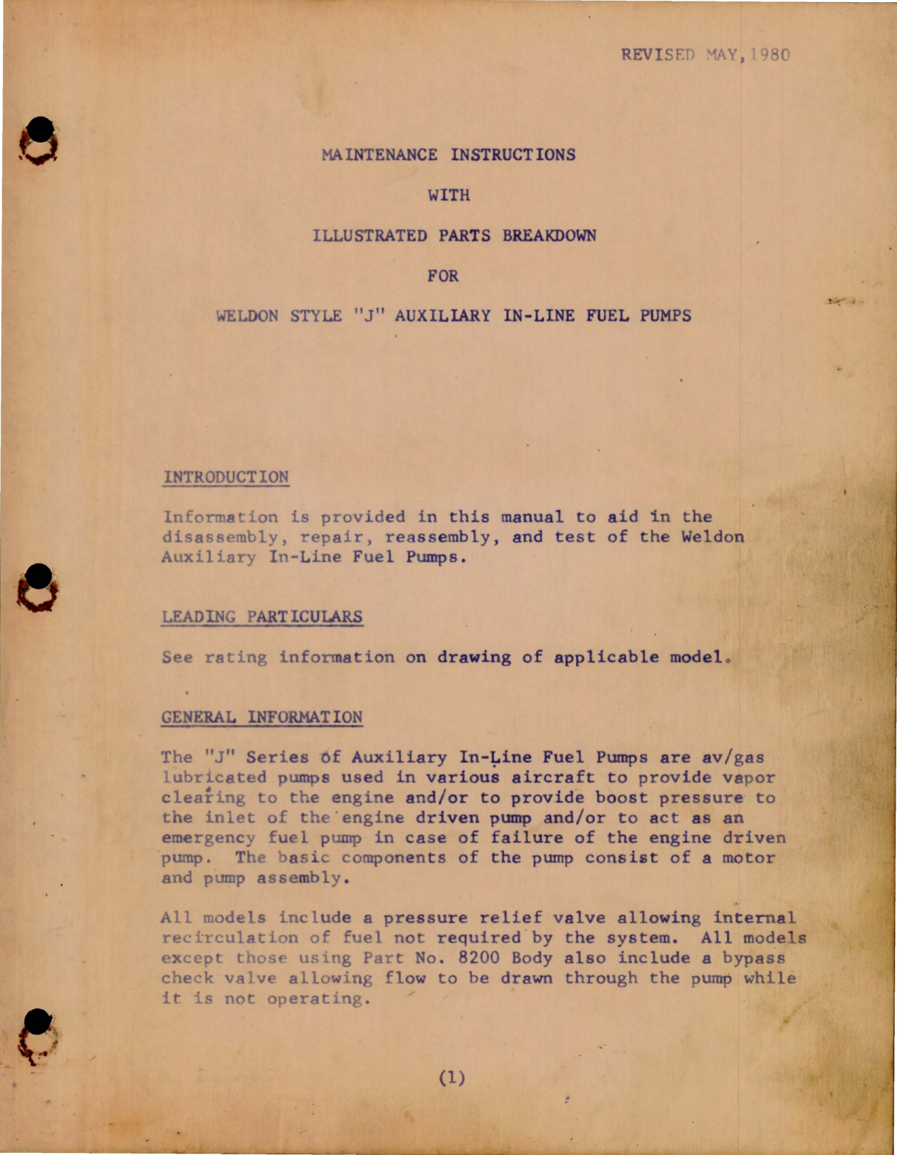 Sample page 1 from AirCorps Library document: Maintenance Instructions with Illustrated Parts Breakdown for Weldon Style J Auxiliary In-Line Fuel Pump 