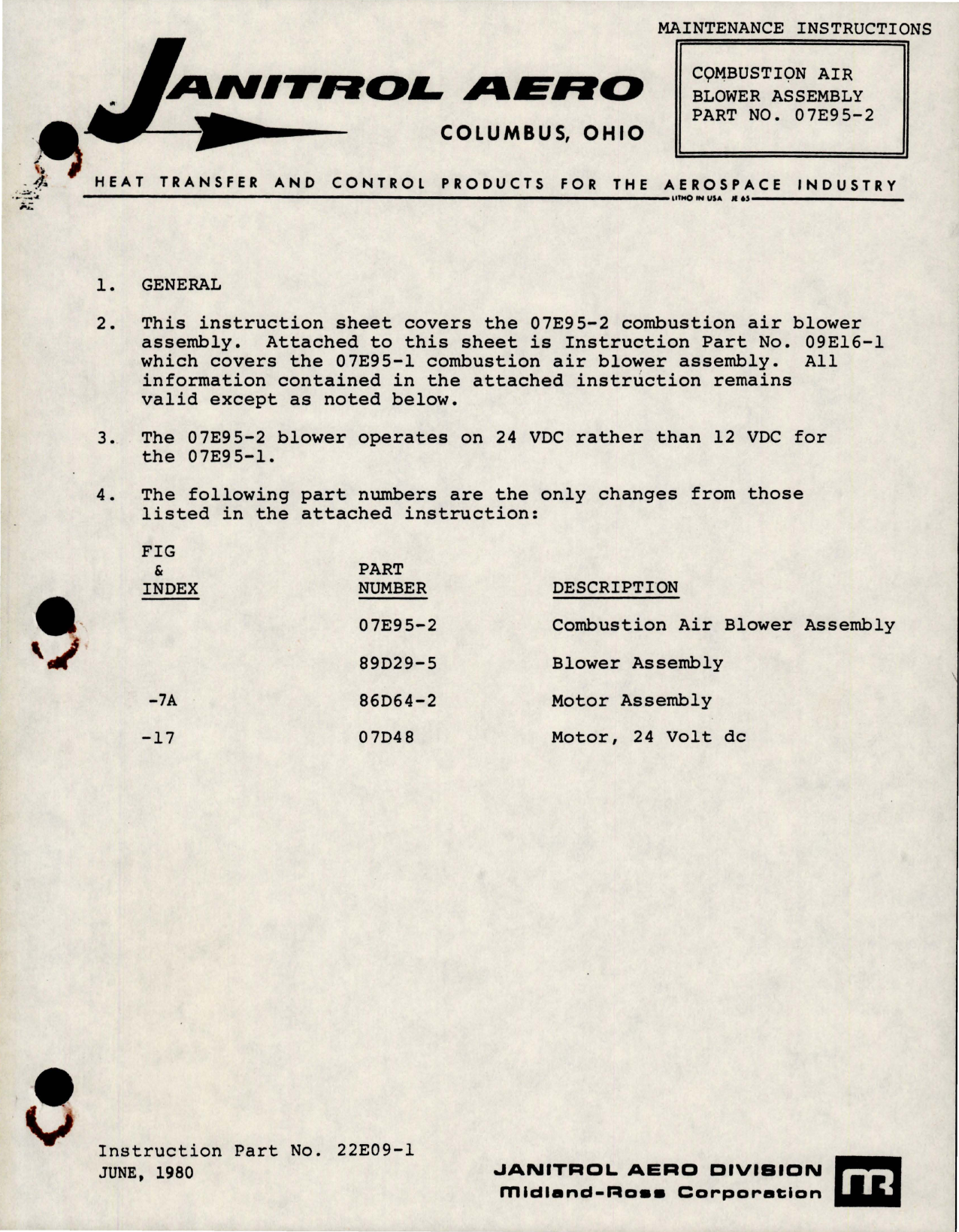 Sample page 1 from AirCorps Library document: Maintenance Instructions for Combustion Air Blower Assembly - Part 07E95-2