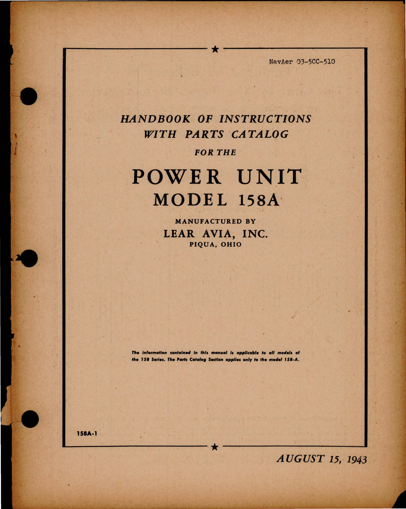 Sample page 1 from AirCorps Library document: Parts Catalog for Power Unit - Model 158A 