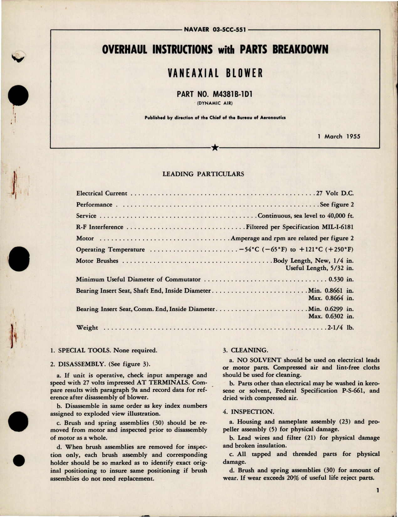 Sample page 1 from AirCorps Library document: Overhaul Instructions with Parts Breakdown for Vaneaxial Blower - Part M4381B-1D1