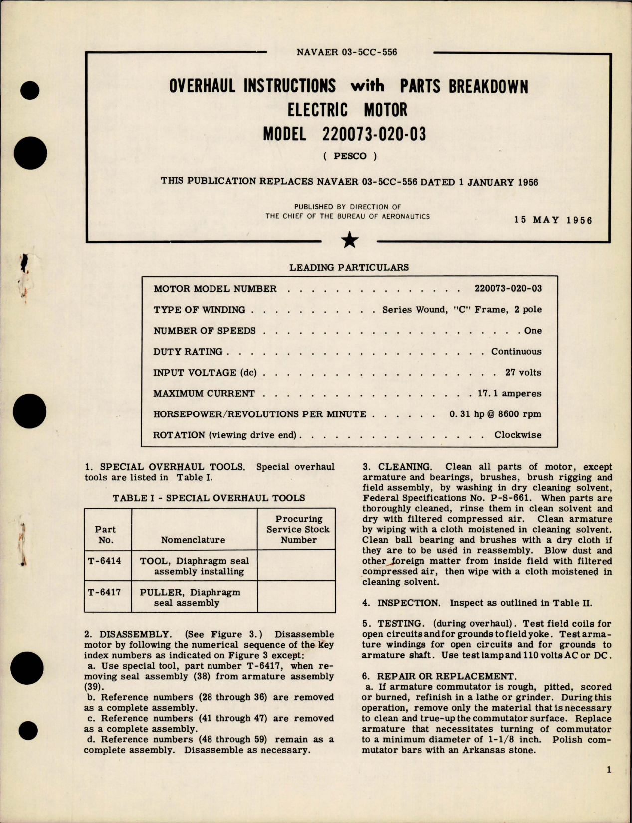 Sample page 1 from AirCorps Library document: Overhaul Instructions with Parts Breakdown for Electric Motor - Model 220073-020-03