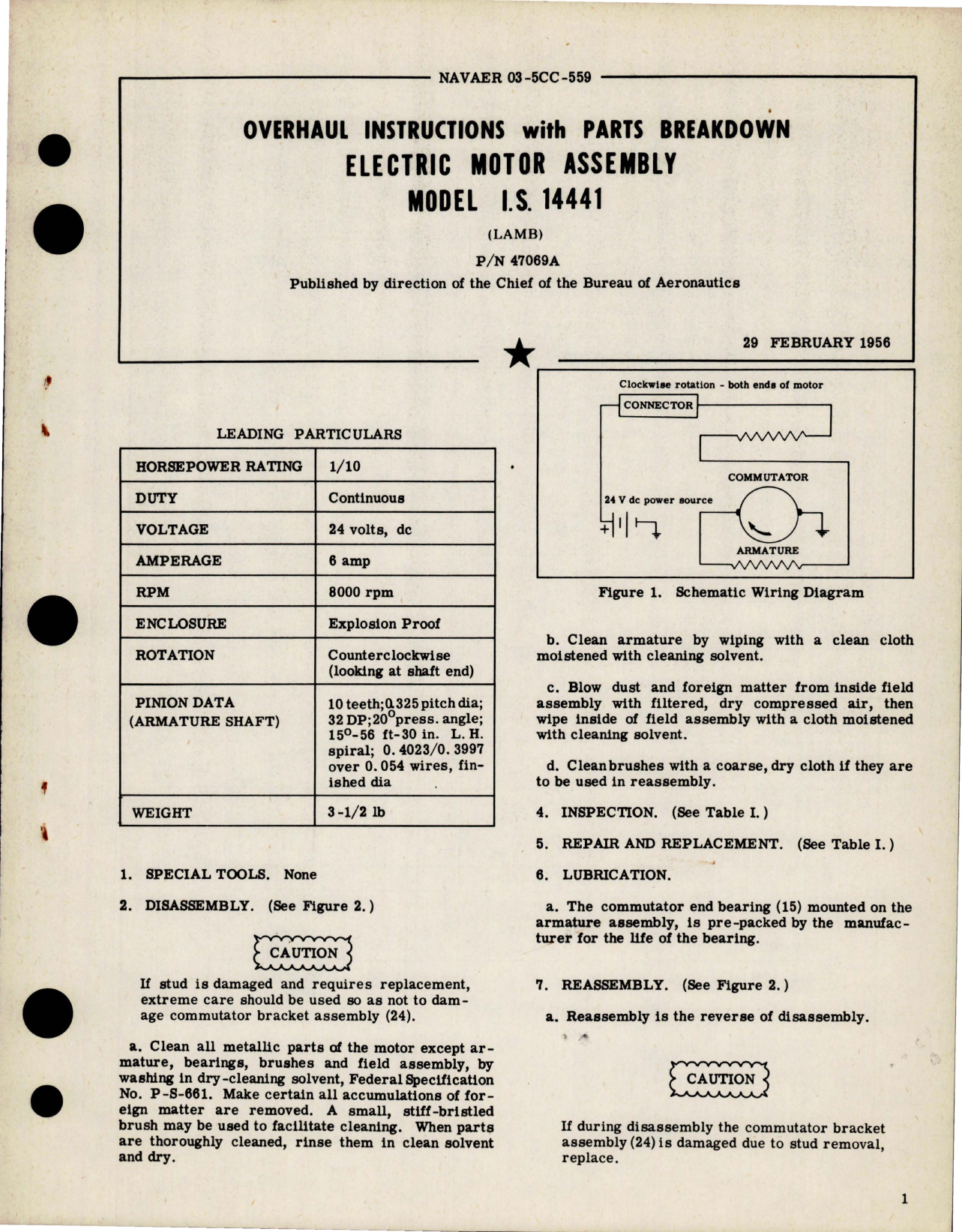 Sample page 1 from AirCorps Library document: Overhaul Instructions with Parts Breakdown for Electric Motor Assembly - Model I.S. 14441 - Part 47069A