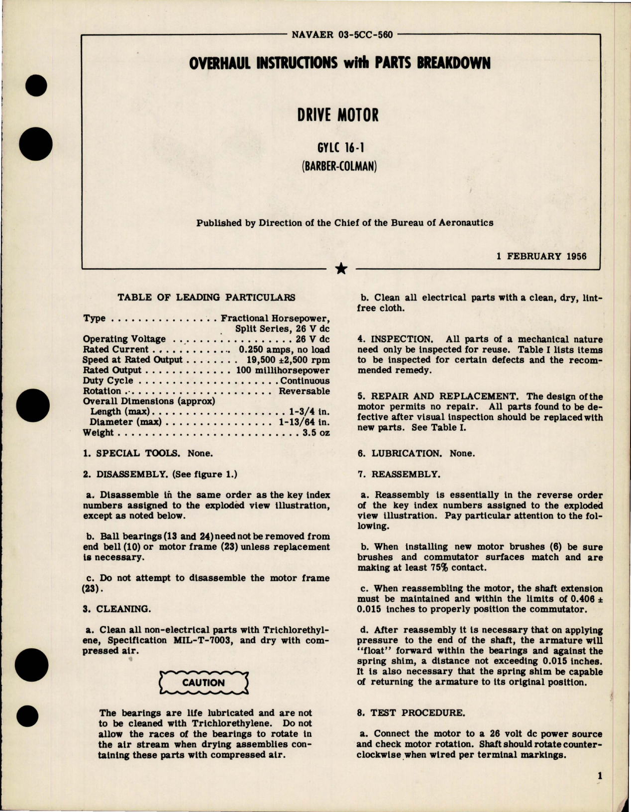 Sample page 1 from AirCorps Library document: Overhaul Instructions with Parts Breakdown for Drive Motor - GYLC 16-1