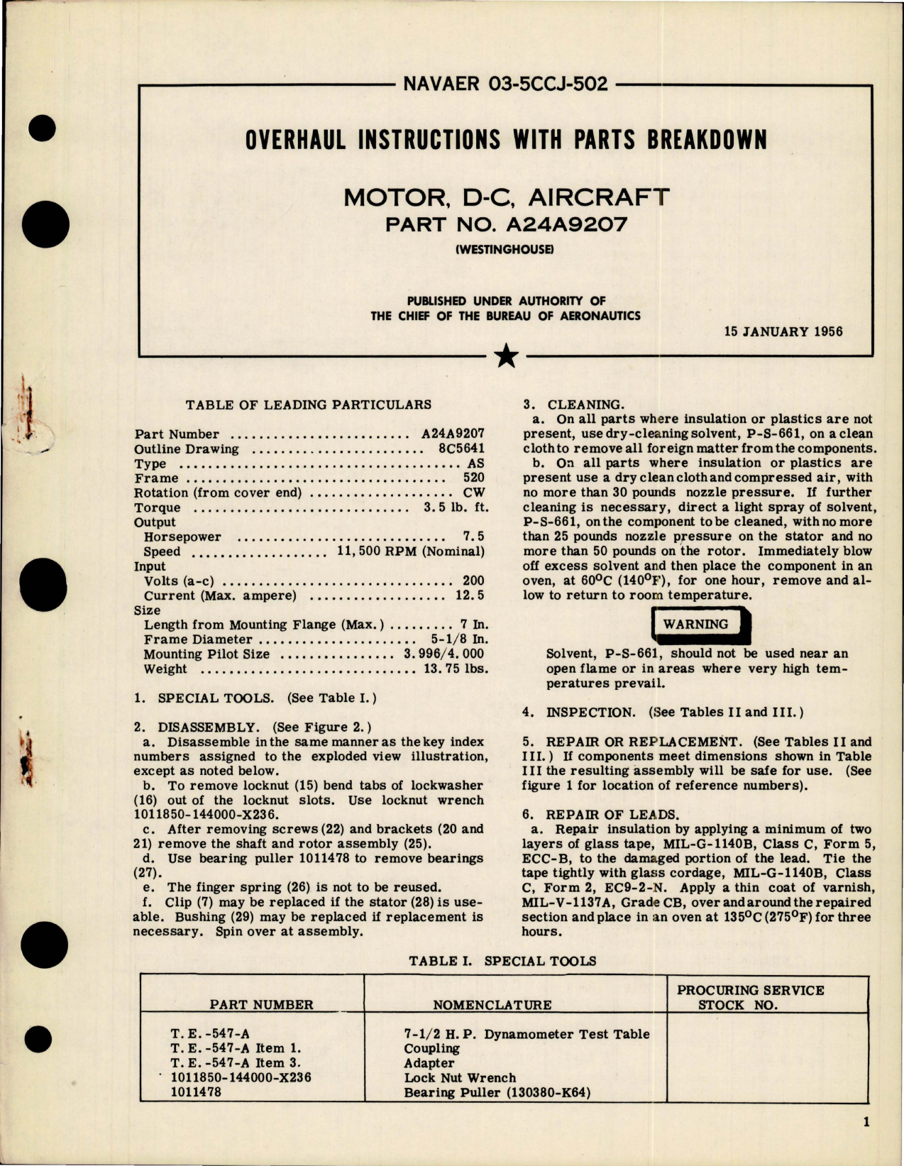 Sample page 1 from AirCorps Library document: Overhaul Instructions with Parts Breakdown for DC Aircraft Motor - Part A24A9207 