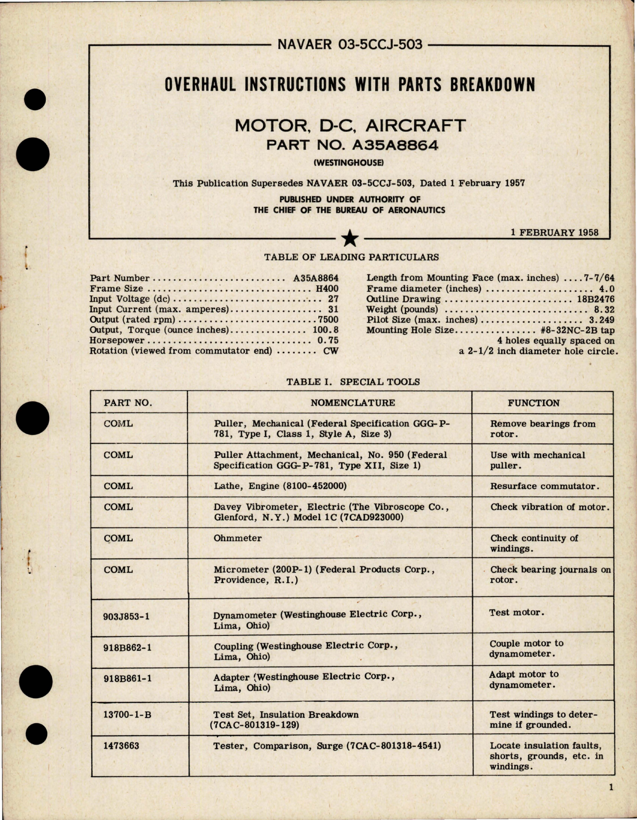 Sample page 1 from AirCorps Library document: Overhaul Instructions with Parts Breakdown for DC Aircraft Motor - Part A35A8864 