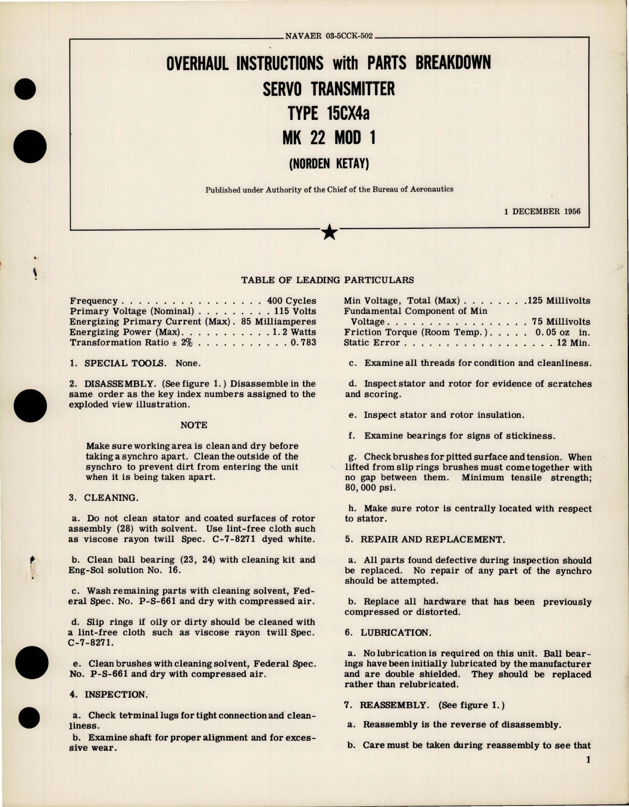 Sample page 1 from AirCorps Library document: Overhaul Instructions with Parts Breakdown for Servo Transmitter - Type 15CX4a - MK 22 MOD 1 