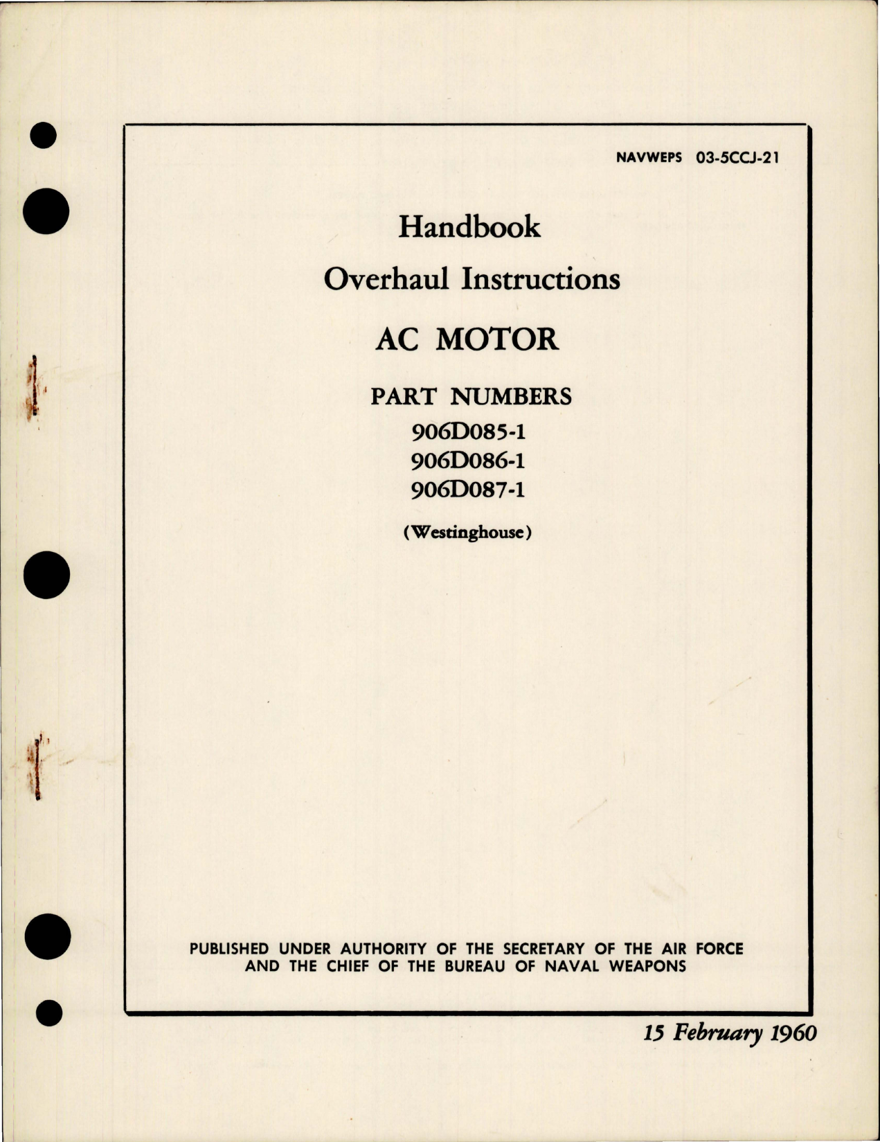 Sample page 1 from AirCorps Library document: Overhaul Instructions for AC Motor - Parts 906D085-1, 906D086-1, and 906D087-1