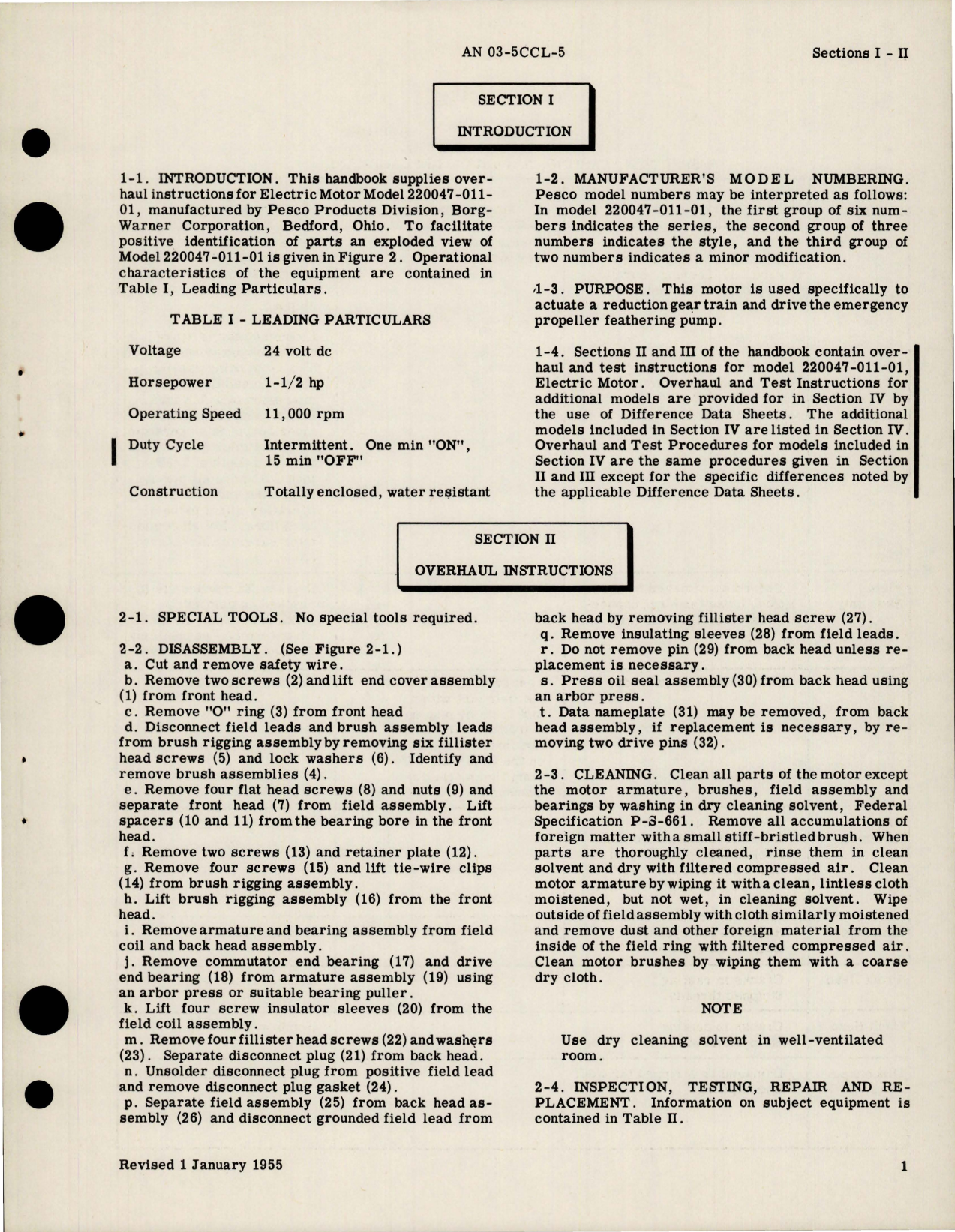 Sample page 5 from AirCorps Library document: Overhaul Instructions for Electric Motor - Model 220047-011 and 220047-070 Series