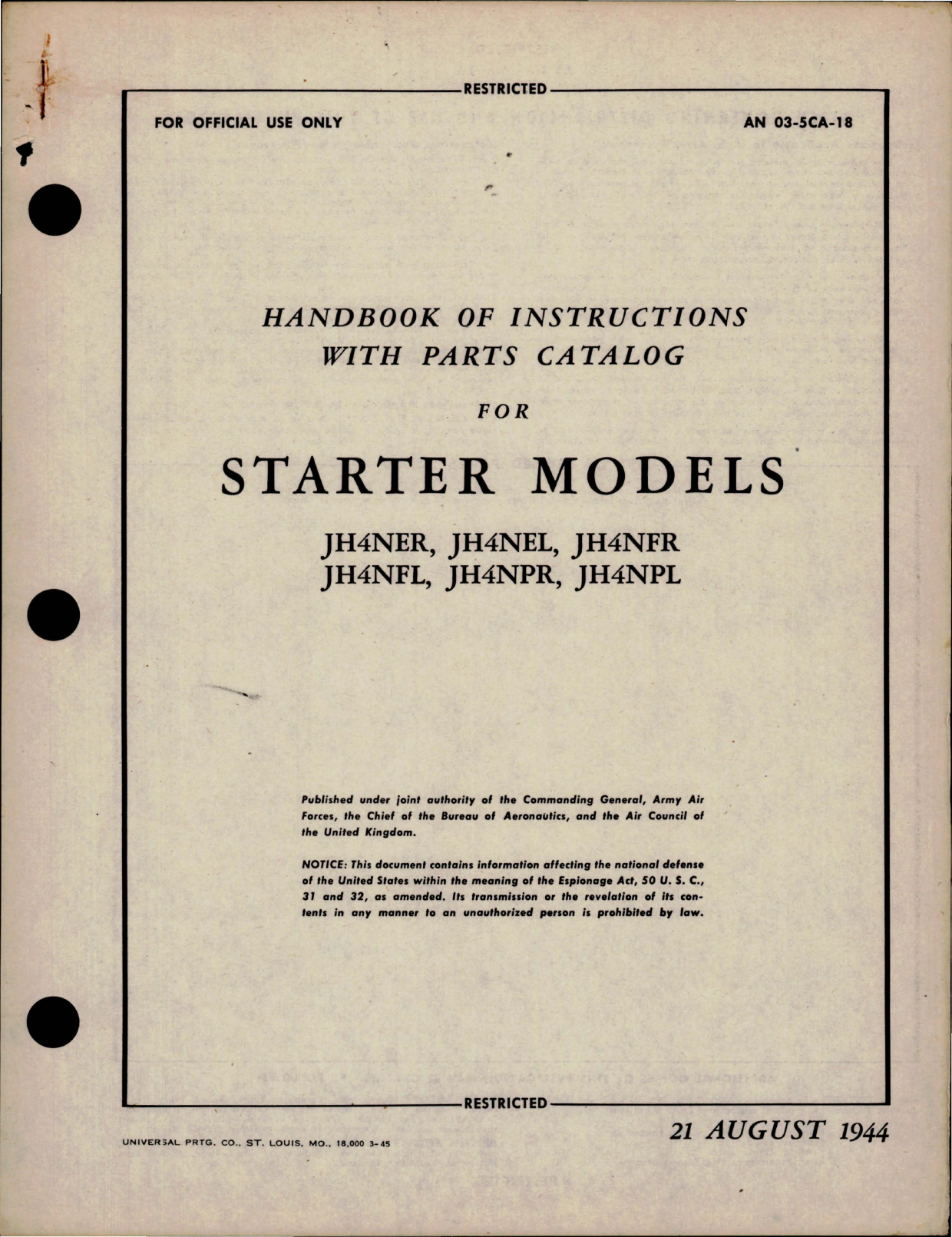 Sample page 1 from AirCorps Library document: Handbook of Instructions with Parts Catalog for Starter - Models JH4NER, JH4NFL, JH4NEL, JH4NPR, JH4NFR, and JH4NPL