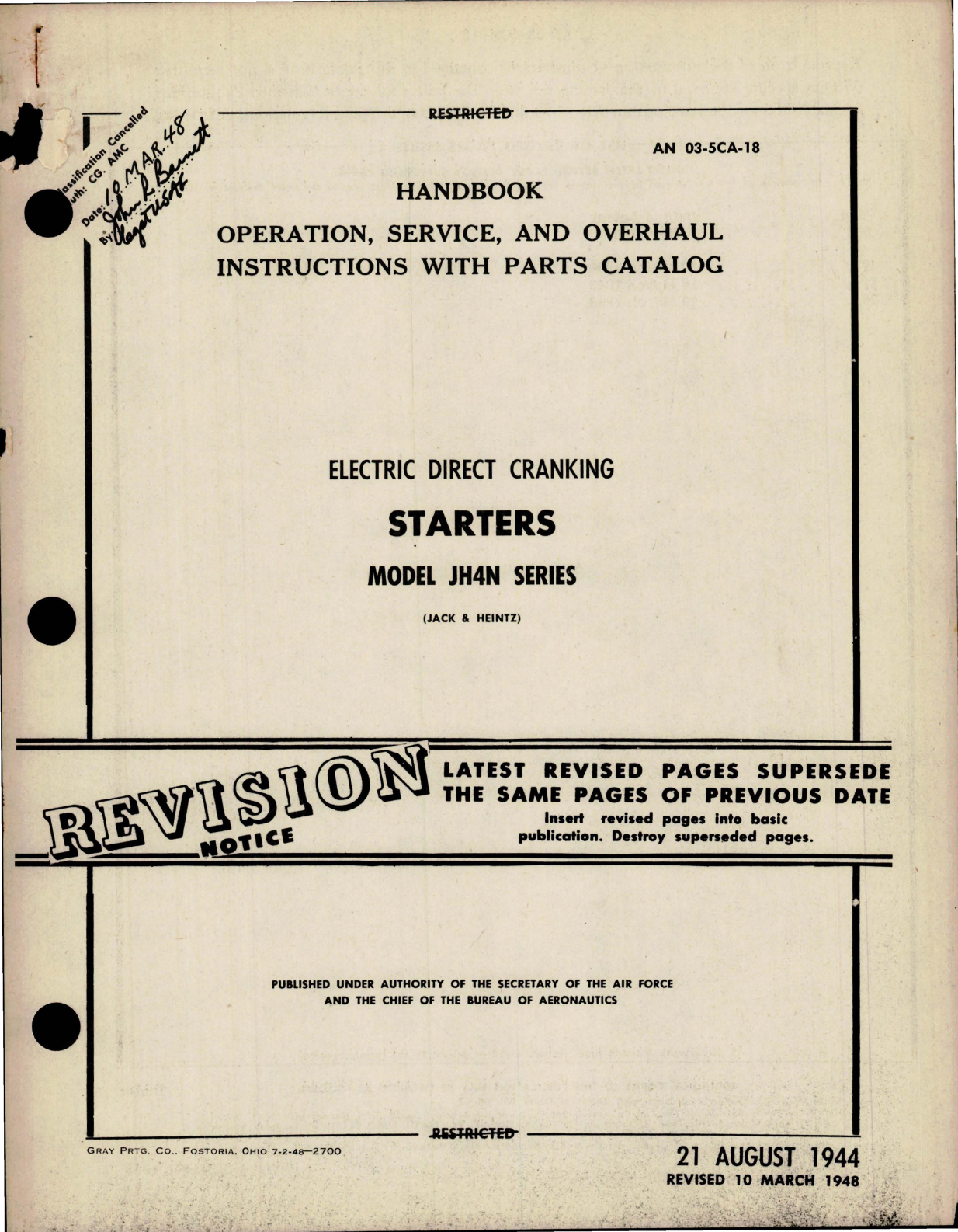 Sample page 1 from AirCorps Library document: Operation, Service and Overhaul Instructions with Parts for Electric Direct Cranking Starters - Model JH4N Series