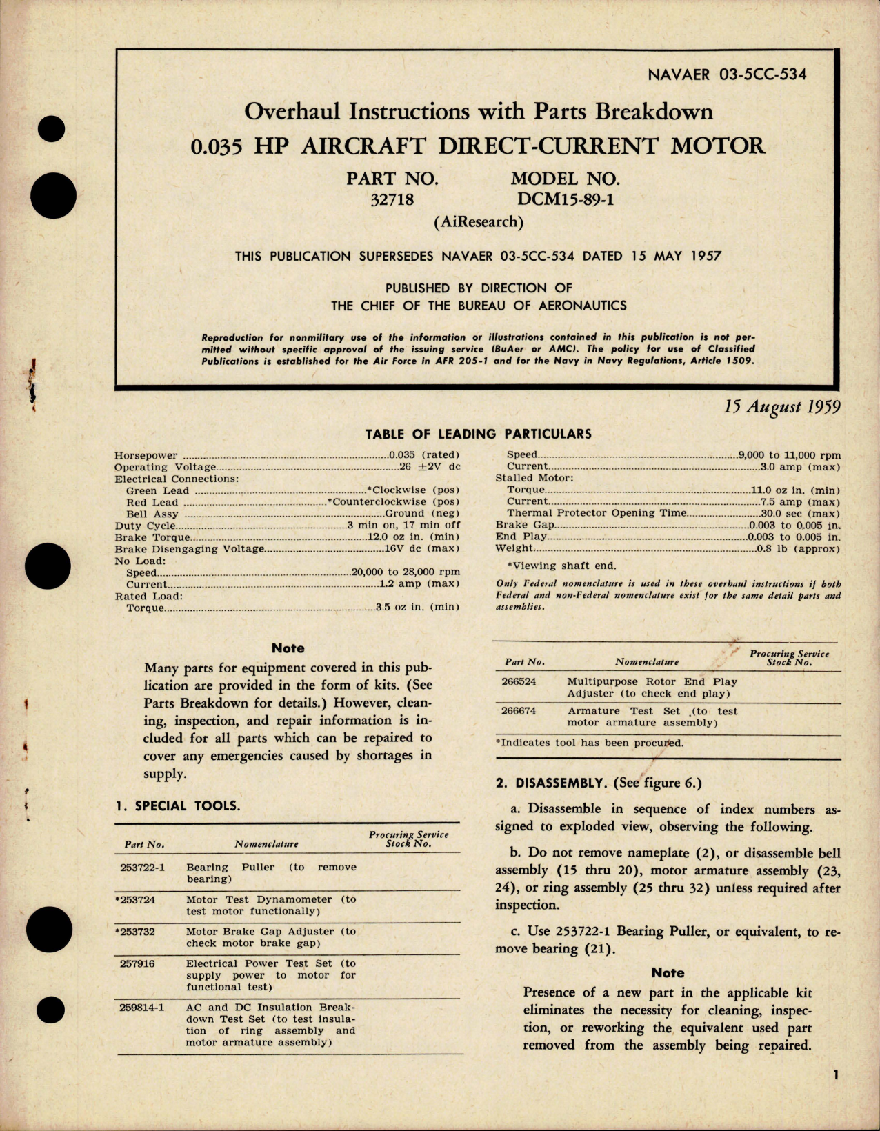Sample page 1 from AirCorps Library document: Overhaul Instructions with Parts for Direct Current Motor - 0.035 HP - Part 32718 - Model DCM15-89-1 