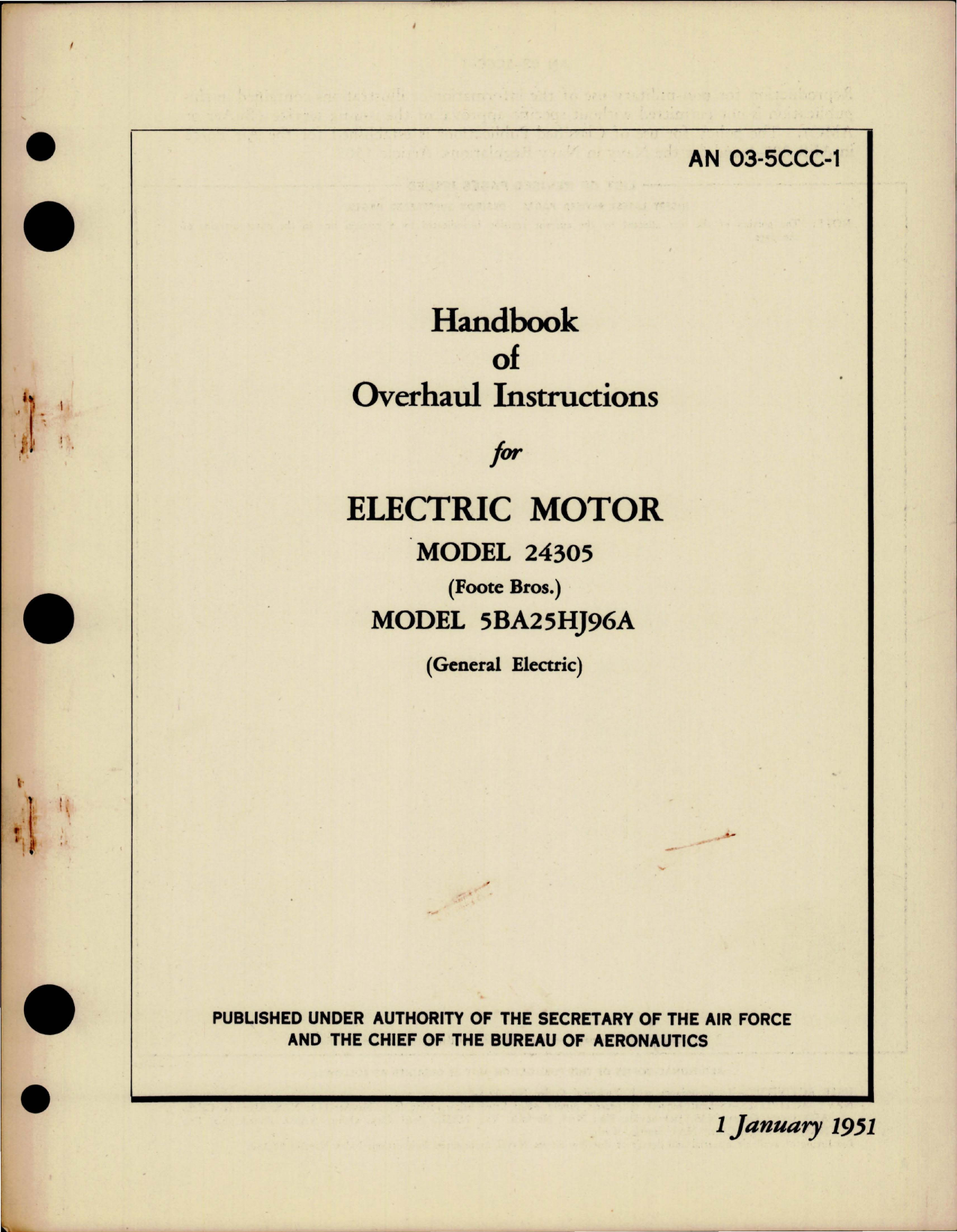Sample page 1 from AirCorps Library document: Overhaul Instructions for Electric Motor - Model 24305 and 5BA25HJ96A 
