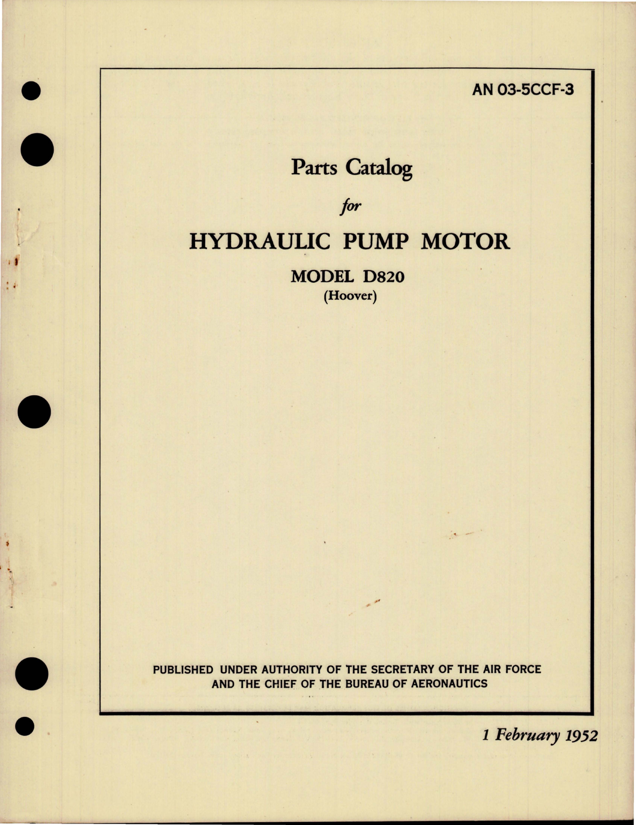 Sample page 1 from AirCorps Library document: Parts Catalog for Hydraulic Pump Motor - Model D820