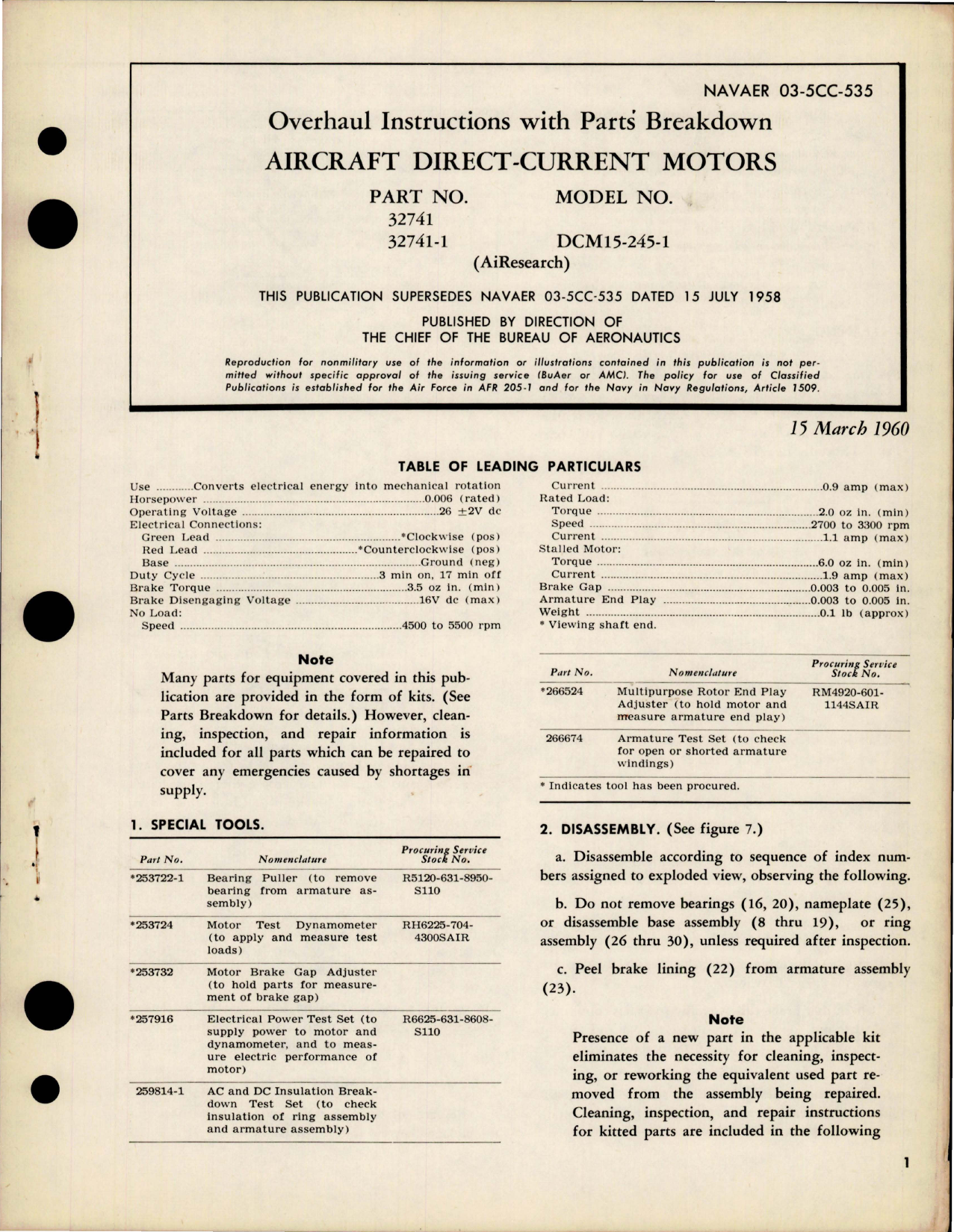 Sample page 1 from AirCorps Library document: Overhaul Instructions with Parts Breakdown for Aircraft Direct Current Motors - Parts 32741 and 32741-1 - Model DCM15-245-1