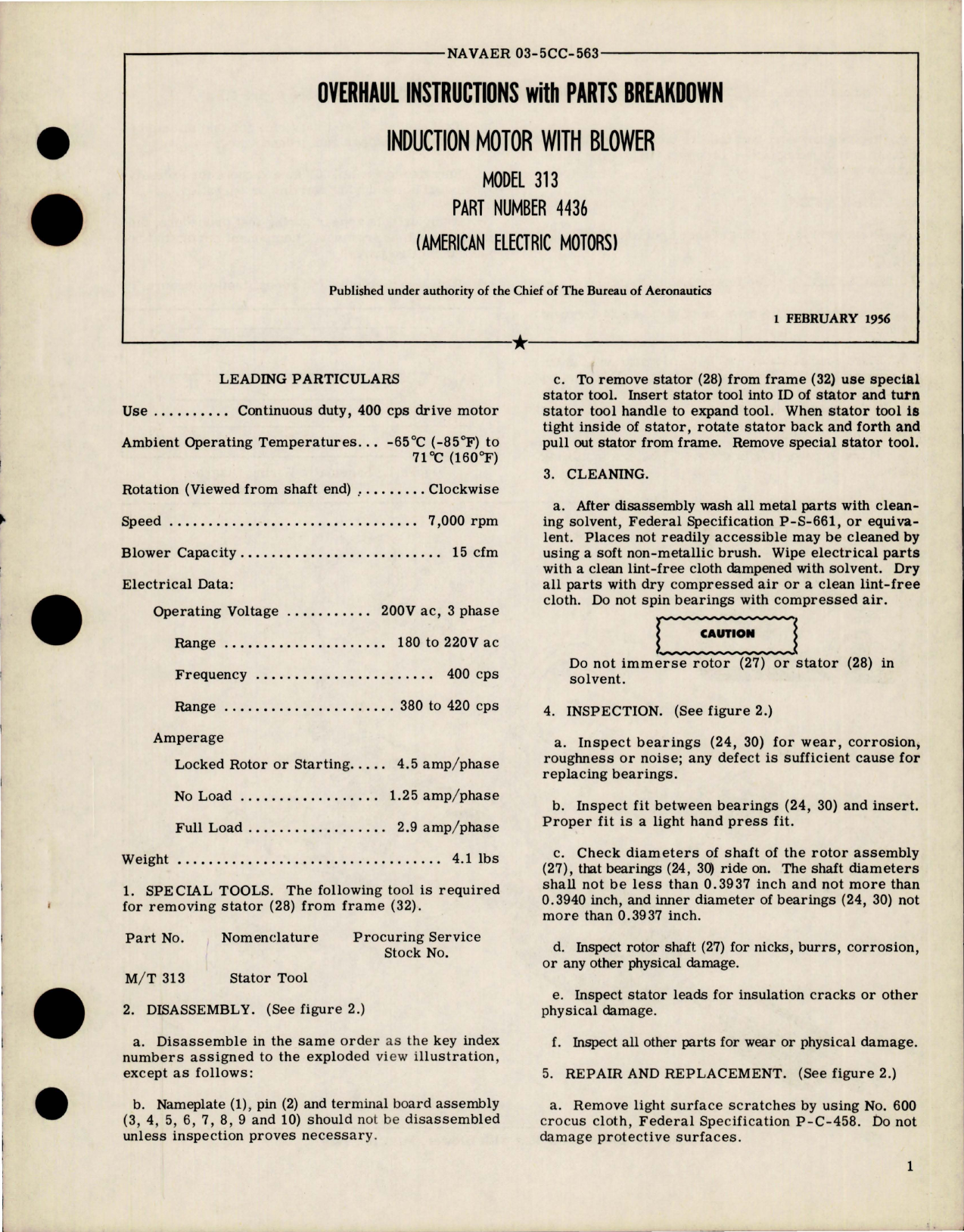 Sample page 1 from AirCorps Library document: Overhaul Instructions with Parts for Induction Motor w Blower - Model 313 - Part 4436 