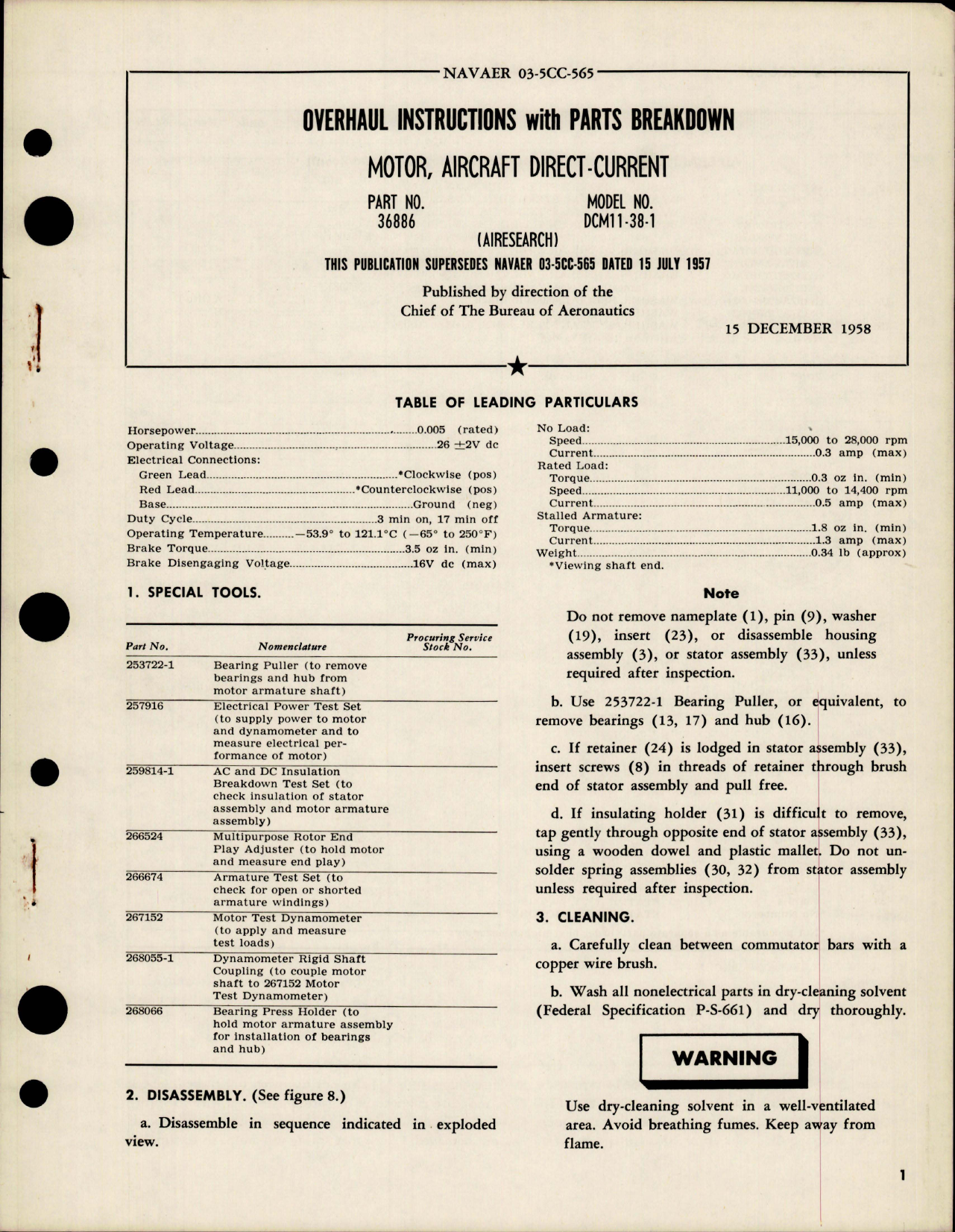 Sample page 1 from AirCorps Library document: Overhaul Instructions with Parts for Aircraft Direct Current Motor - Part 36886 - Model DCM11-38-1