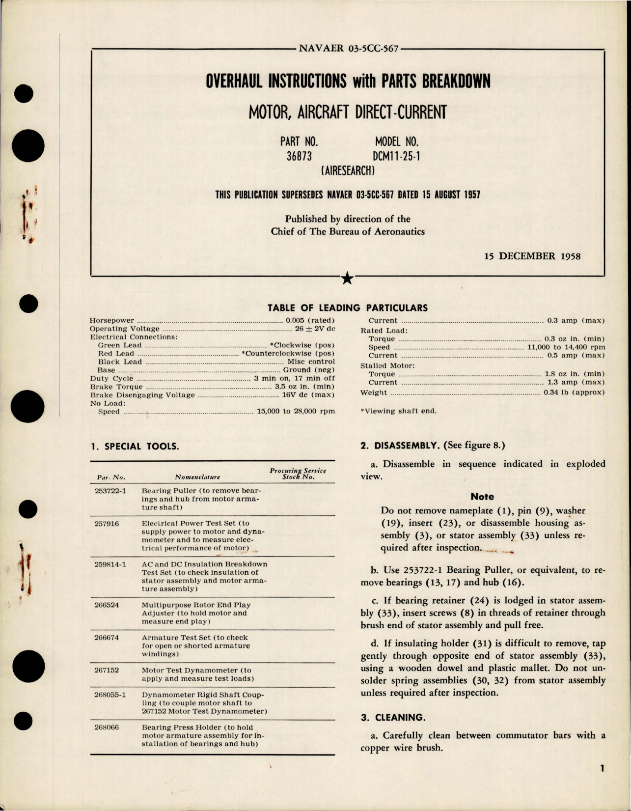 Sample page 1 from AirCorps Library document: Overhaul Instructions with Parts Breakdown for Aircraft Direct Current Motor - Part 36873 - Model DCM11-25-1