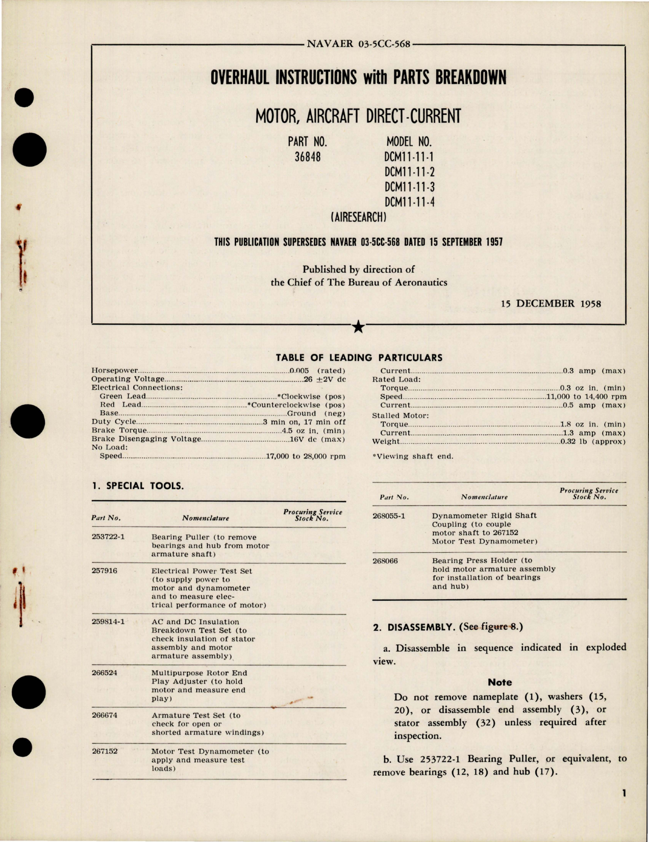 Sample page 1 from AirCorps Library document: Overhaul Instructions with Parts for Aircraft Direct Current Motor - Part 36848 