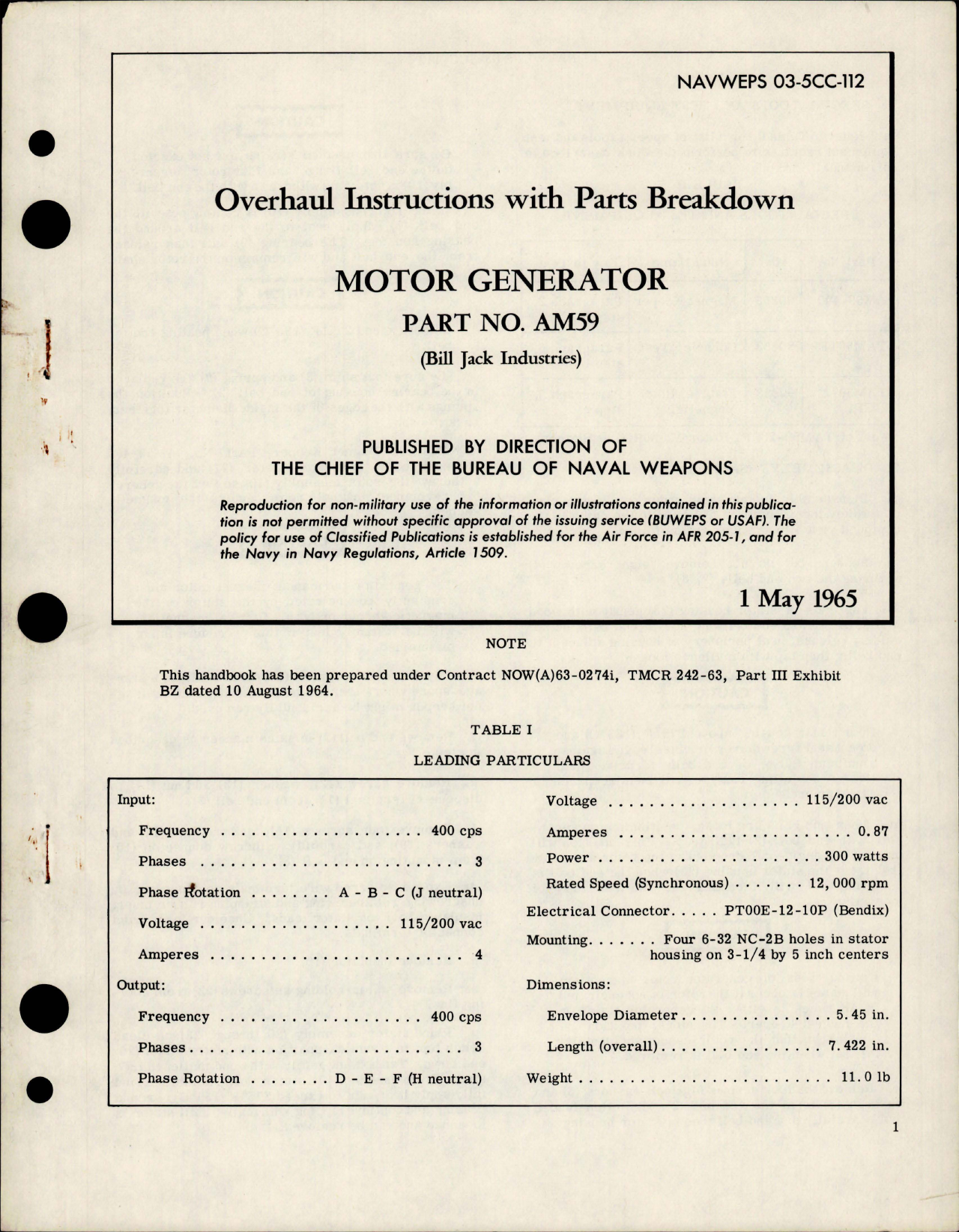 Sample page 1 from AirCorps Library document: Overhaul Instructions with Parts Breakdown for Motor Generator - Part AM59 