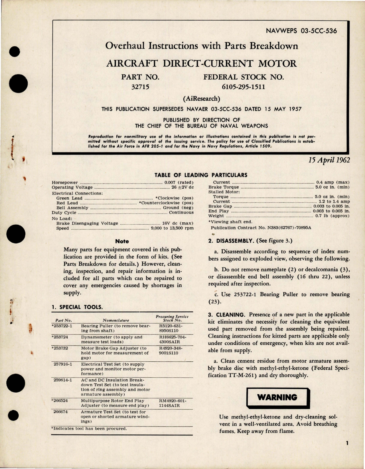 Sample page 1 from AirCorps Library document: Overhaul Instructions with Parts for Direct Current Motor - Part 32715 - Stock 6105-295-1511 