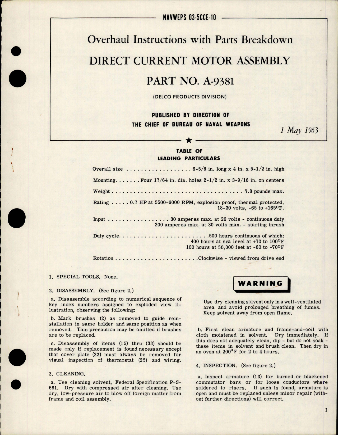 Sample page 1 from AirCorps Library document: Overhaul Instructions with Parts Breakdown for Direct Current Motor Assembly - Part A-9381