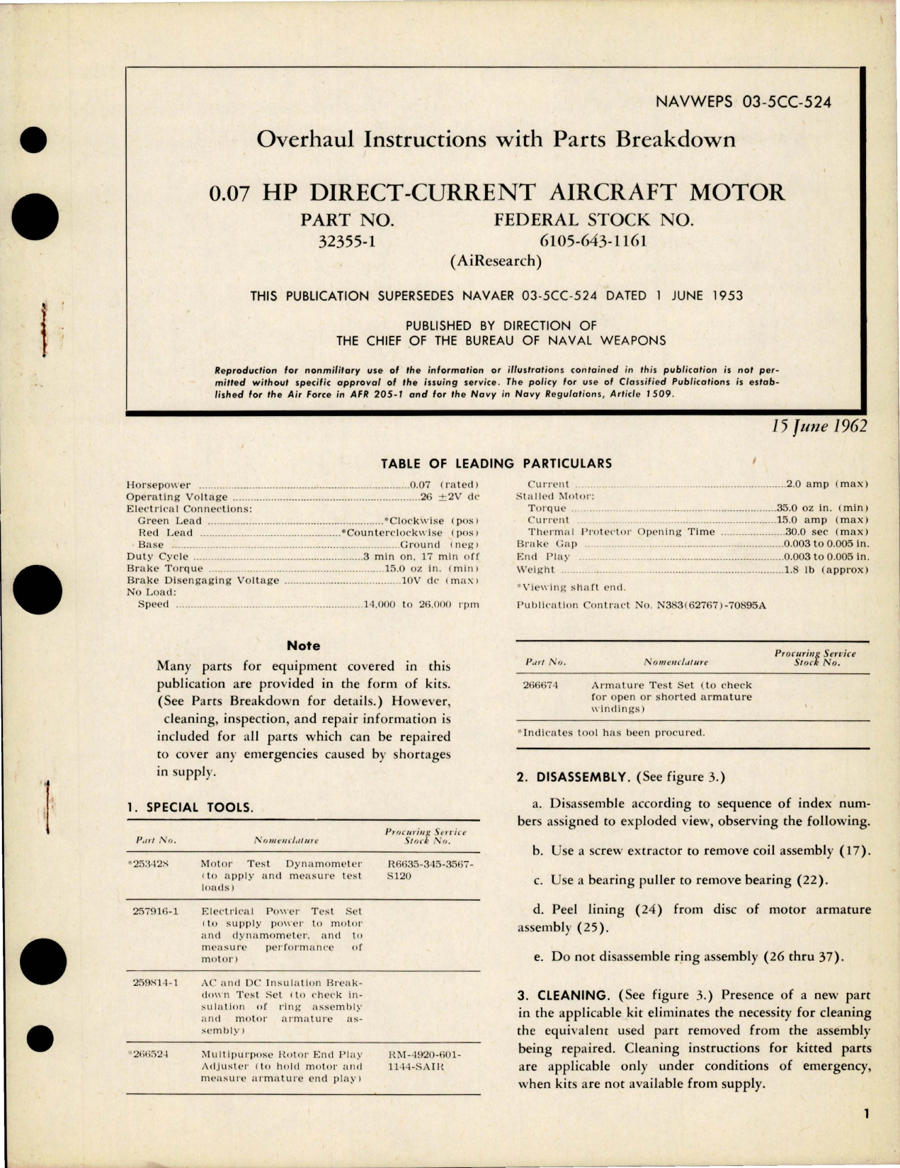 Sample page 1 from AirCorps Library document: Overhaul Instructions with Parts Breakdown for  Direct Current Aircraft Motor - 0.07 HP - Part 32355-1 
