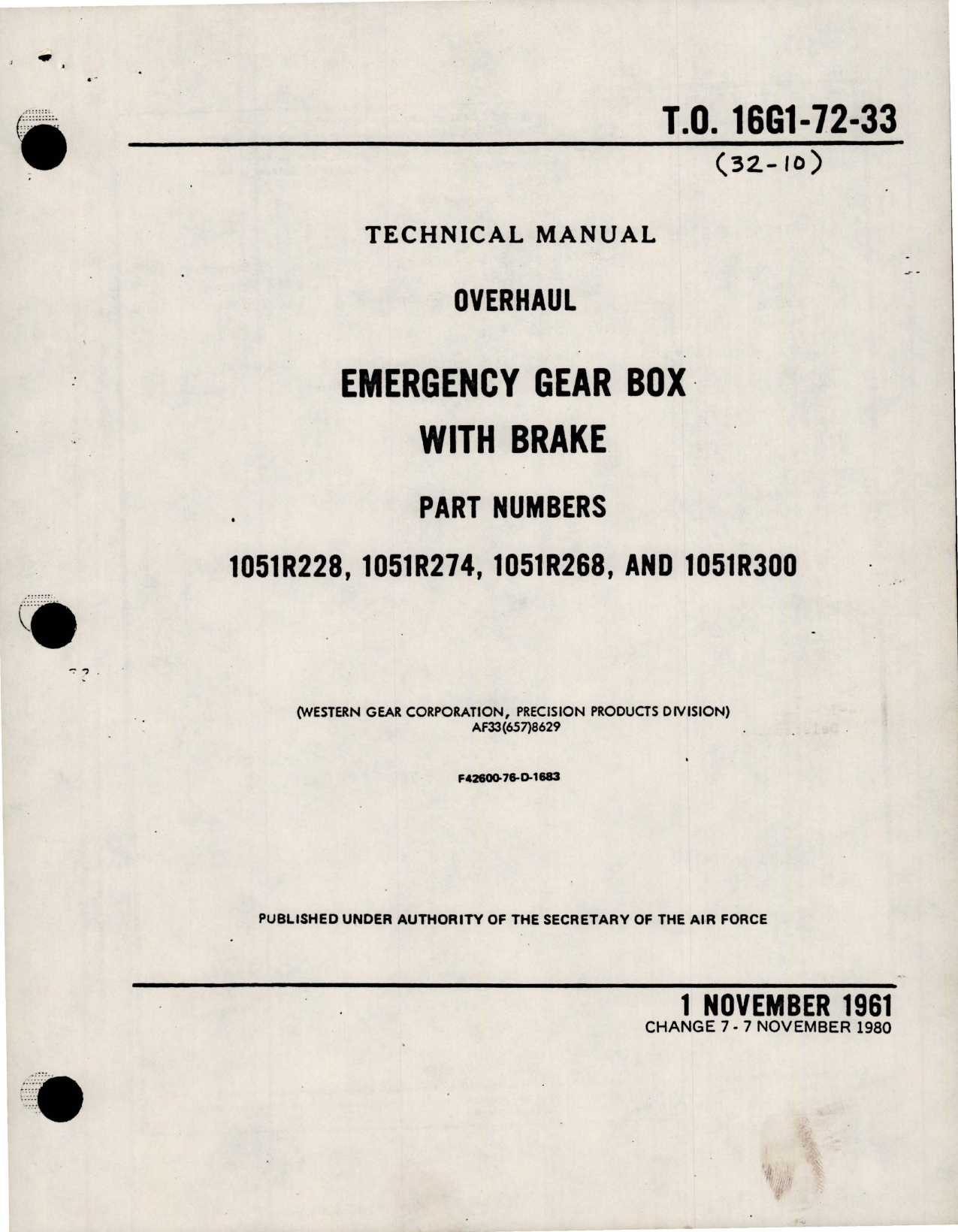 Sample page 1 from AirCorps Library document: Overhaul for Emergency Gear Box with Brake - Parts 1051R228, 1051R274, 1051R268 and 1051R300