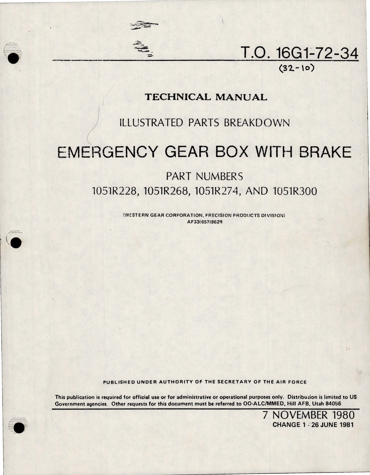 Sample page 1 from AirCorps Library document: Illustrated Parts Breakdown for Emergency Gear Box with Brake - Parts 1051R228, 1051R268, 1051R274 and 1051R300