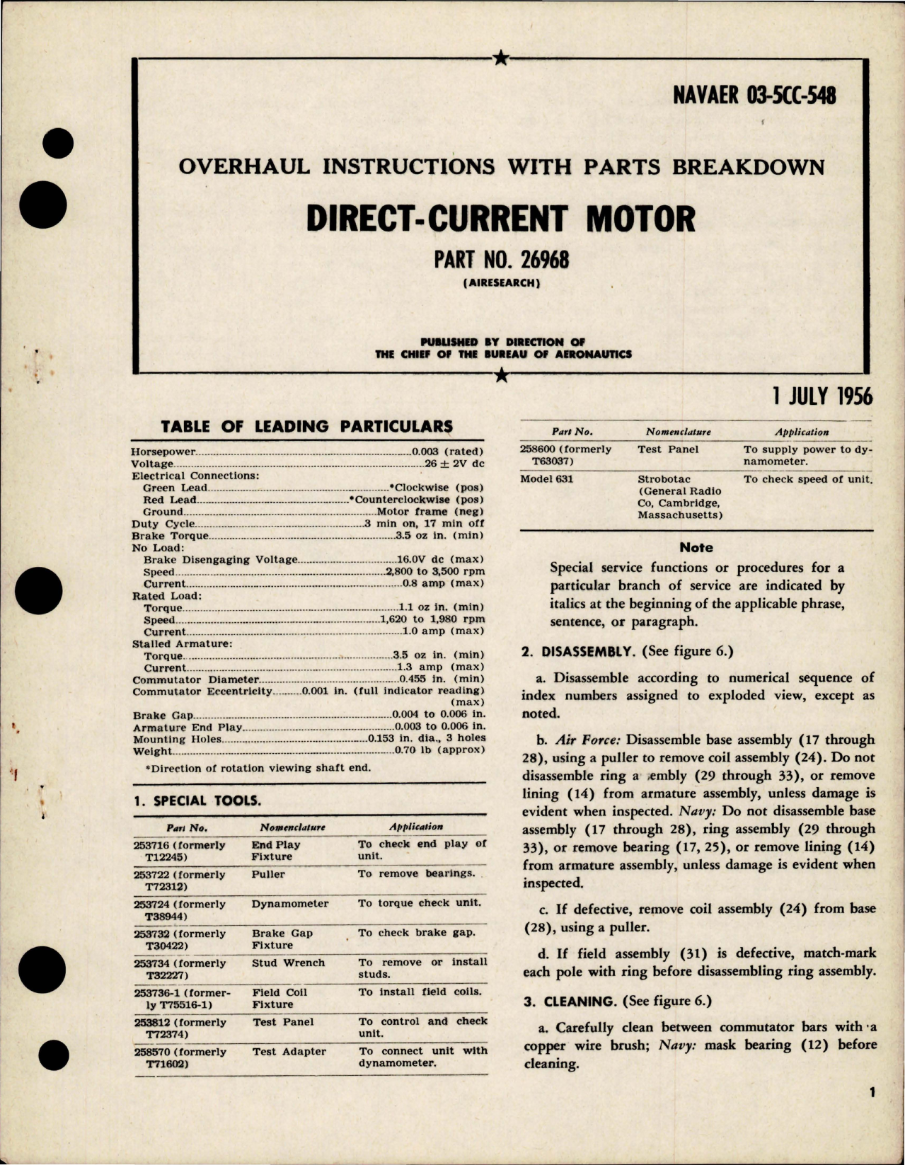 Sample page 1 from AirCorps Library document: Overhaul Instructions with Parts Breakdown for Direct Current Motor - Part 26968 
