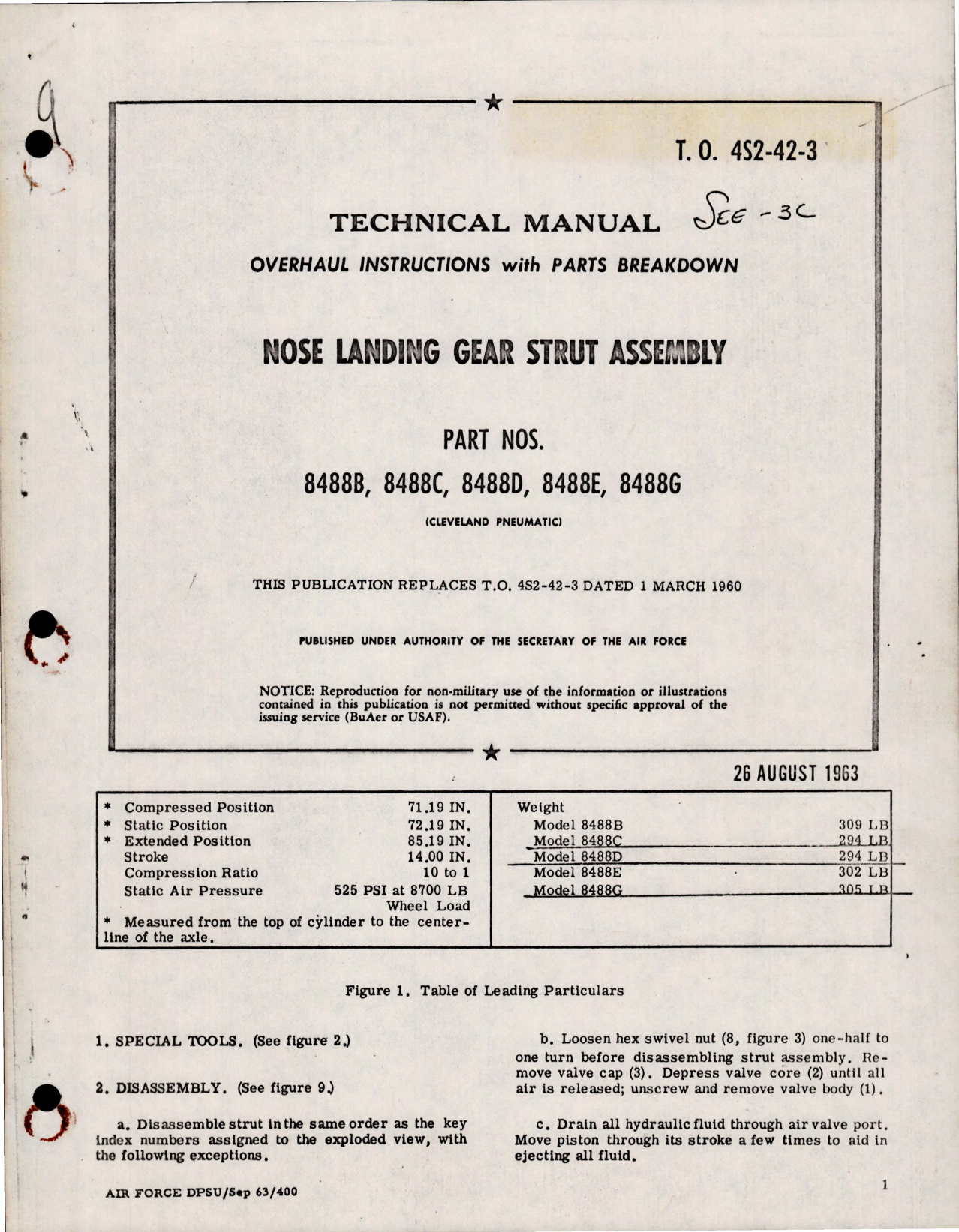 Sample page 1 from AirCorps Library document: Overhaul Instructions with Parts Breakdown for Nose Landing Gear Strut Assembly - Parts 8488B, 8488C, 8488D, 8488E, 8488G